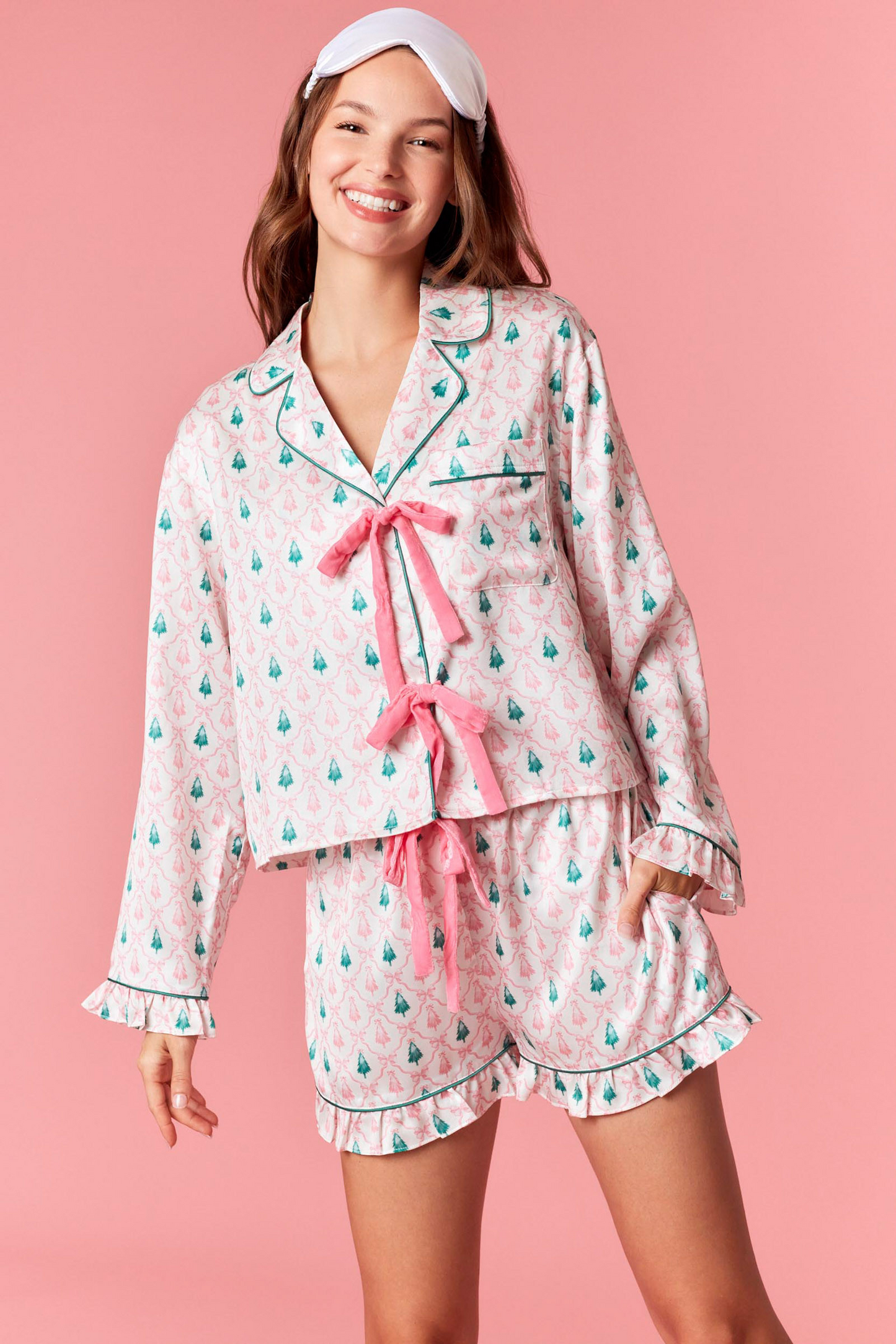 Christmas Tree Satin Pajama Set with Velvet Bows