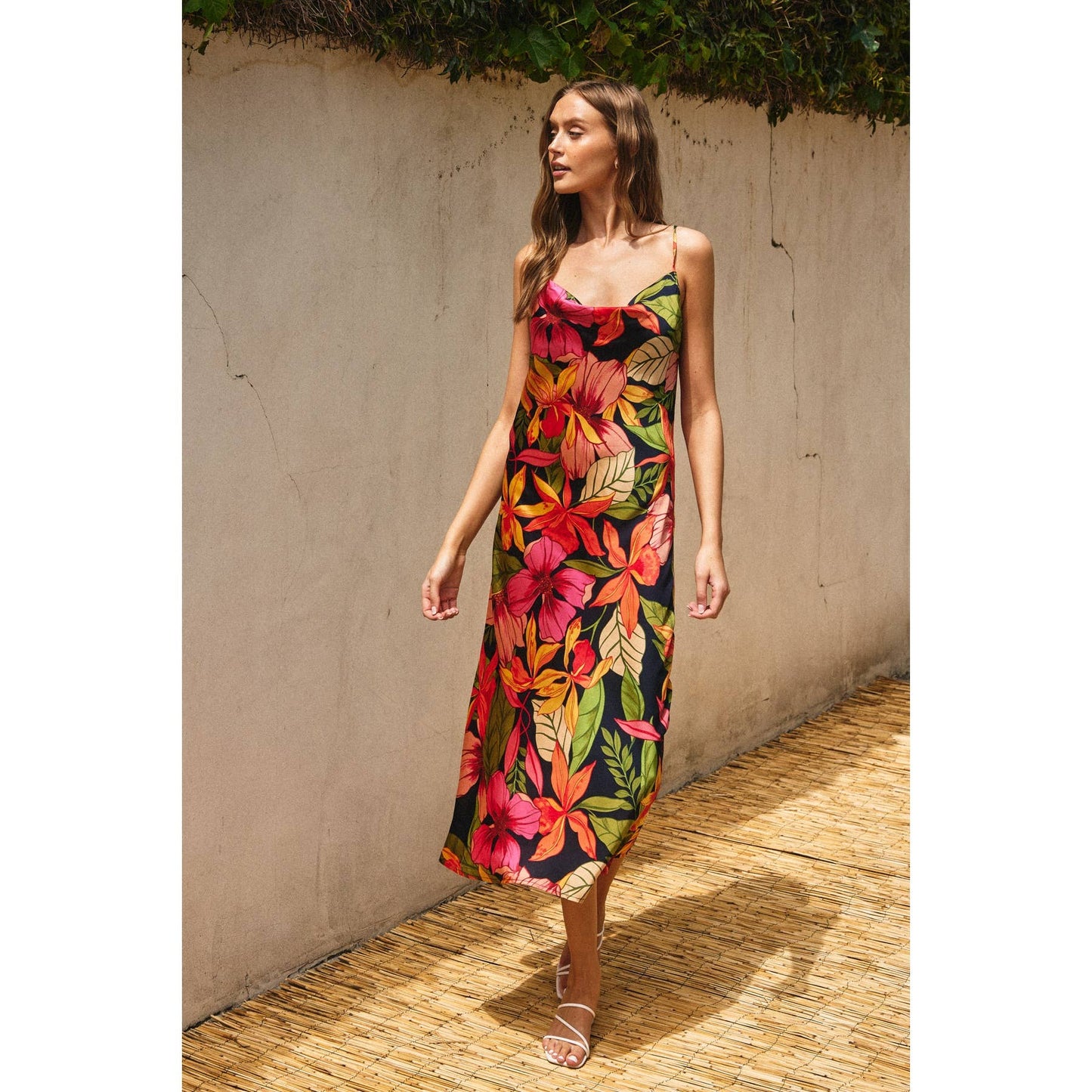 Aloha Cowl Neck Midi Slip Dress