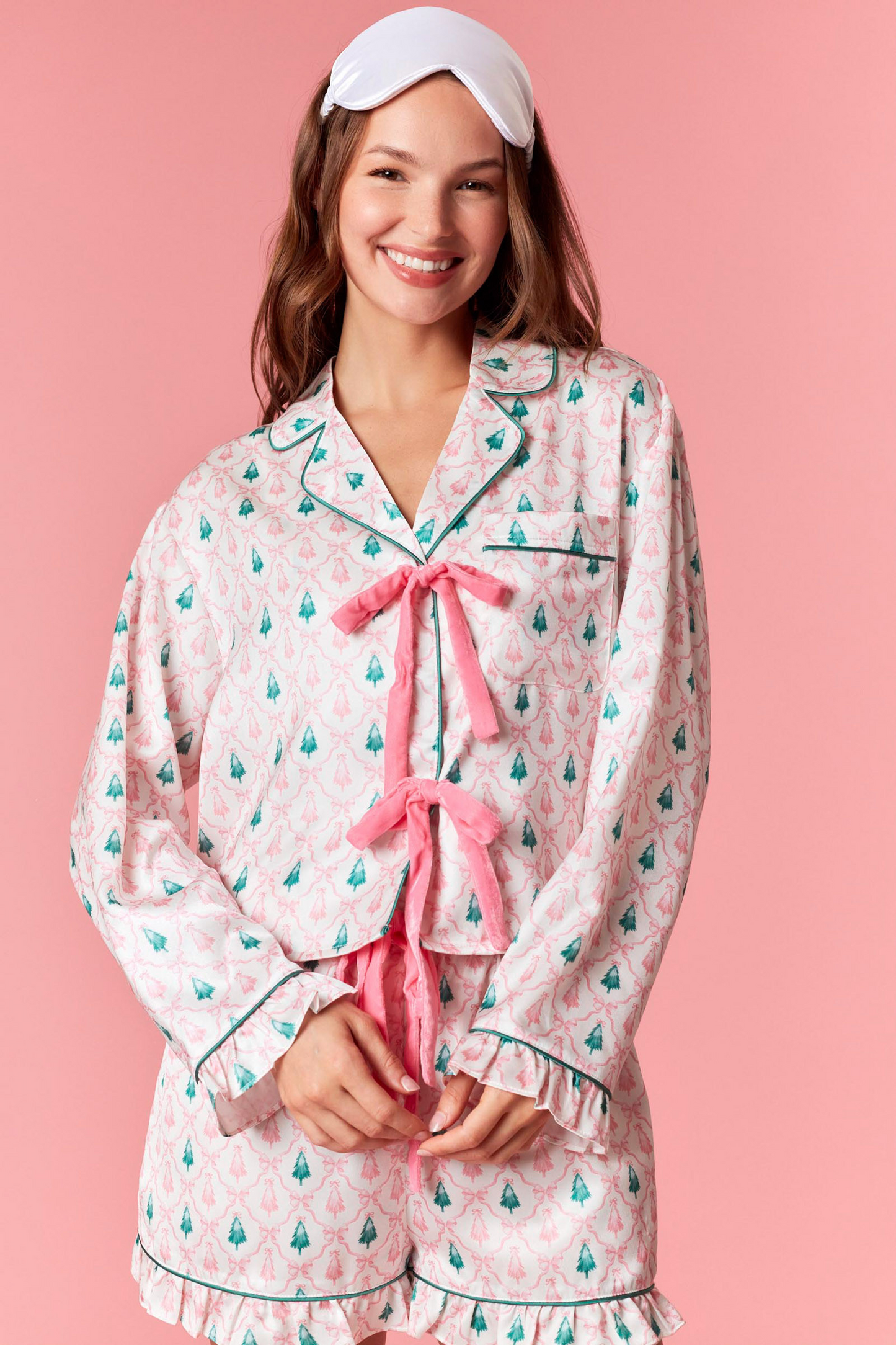 Christmas Tree Satin Pajama Set with Velvet Bows