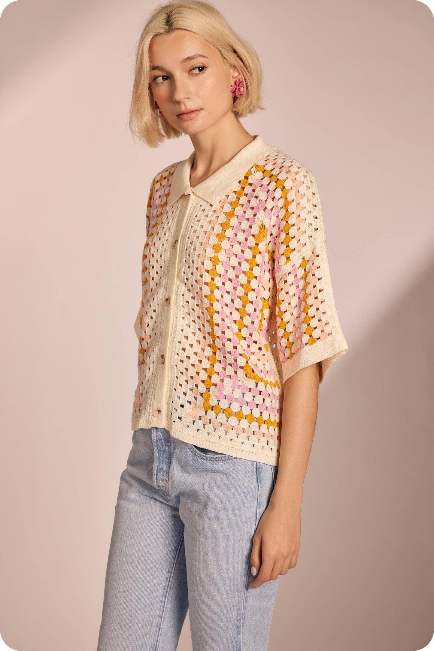 Collared Crochet Button Down Shirt