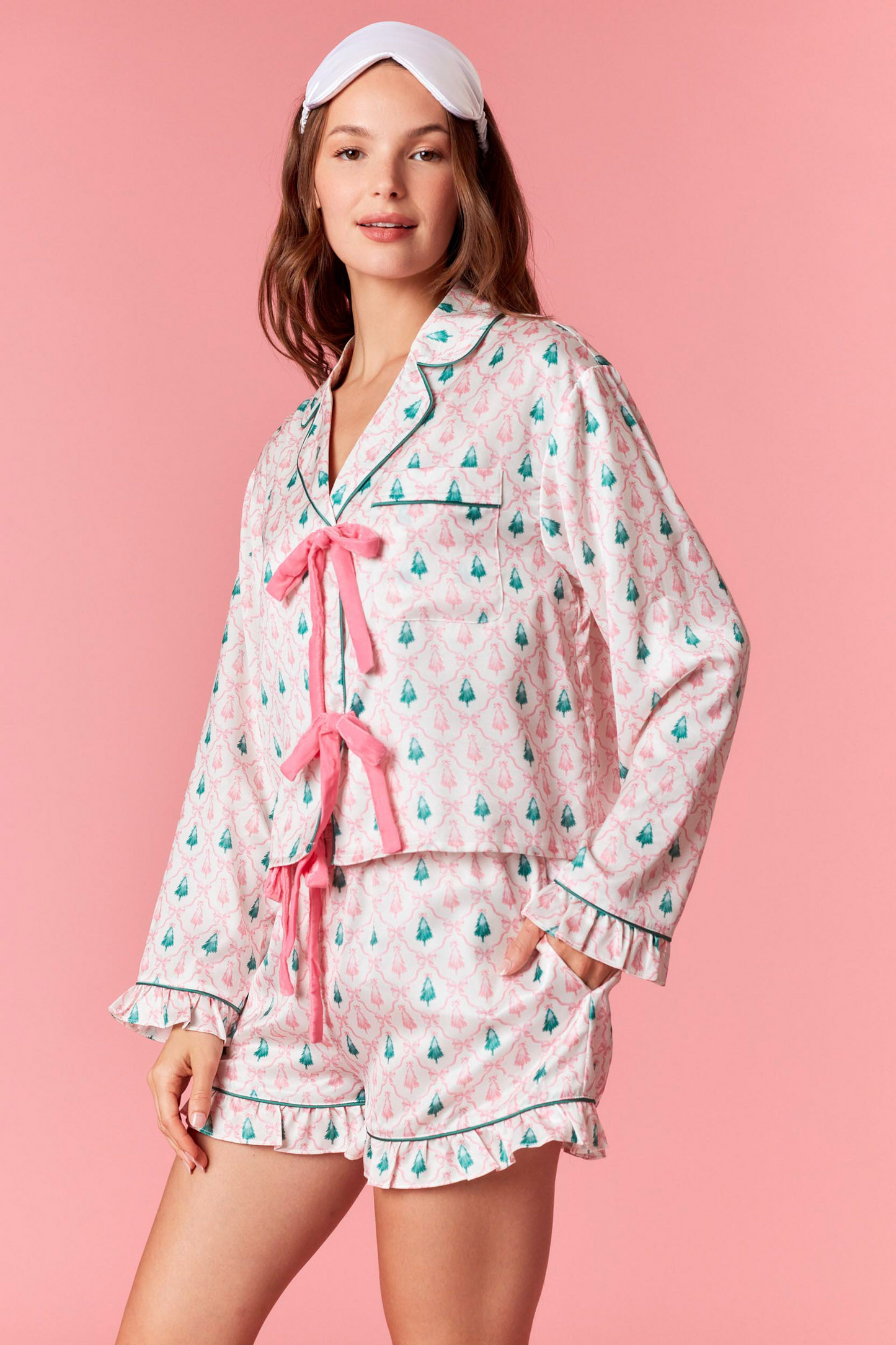 Christmas Tree Satin Pajama Set with Velvet Bows