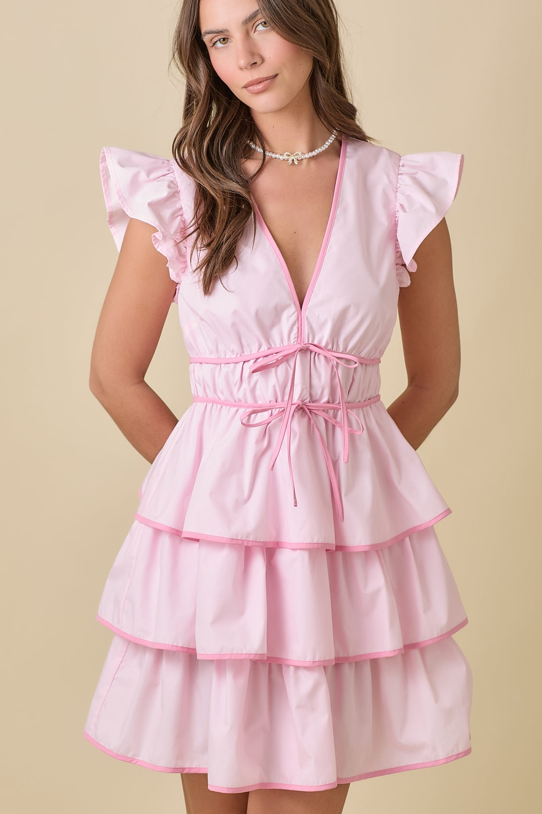 Deep V-neck Ruffle Tier Mini Dress