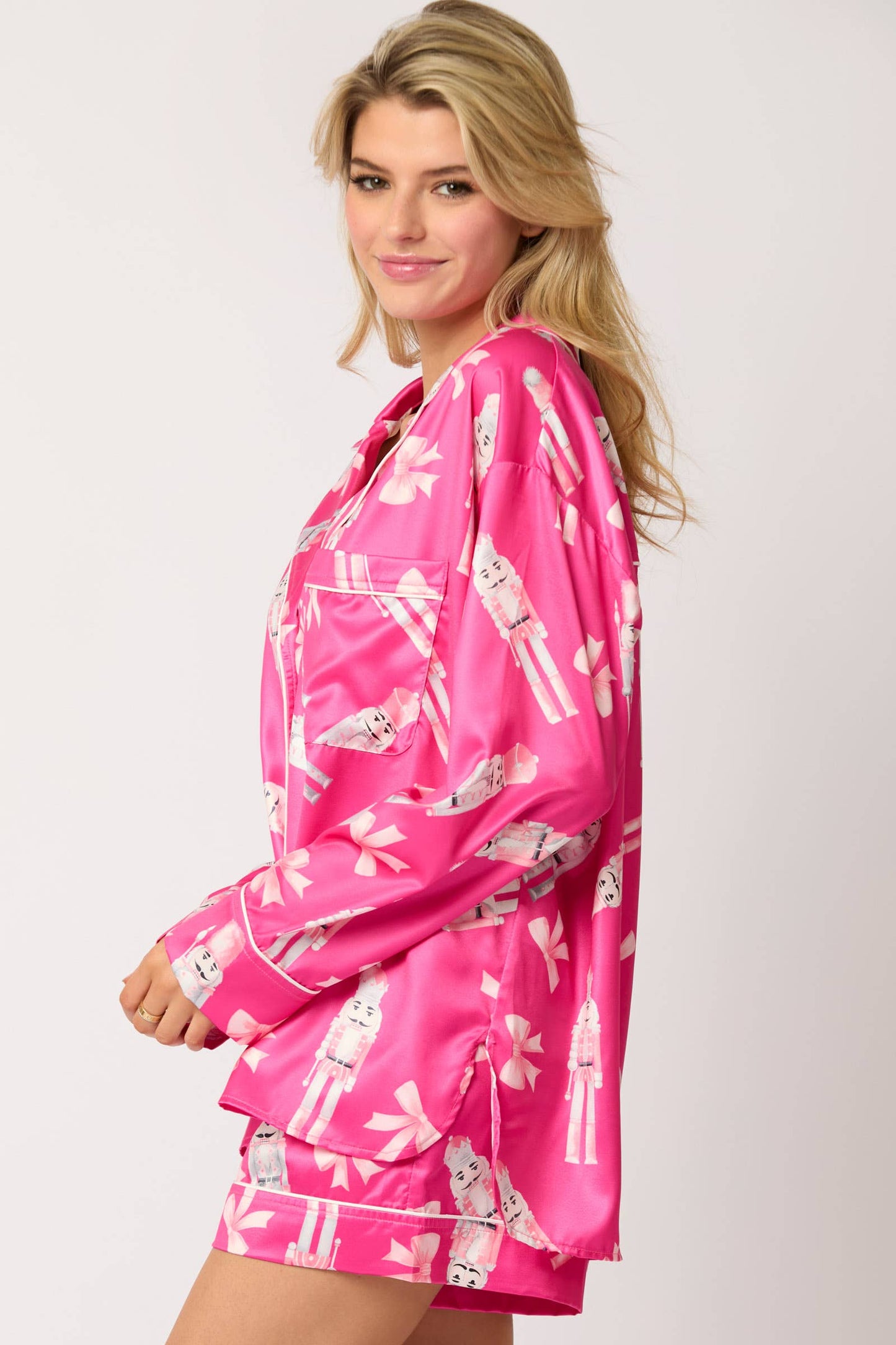 Pink Satin Nutcracker & Bow Print Pajama Set