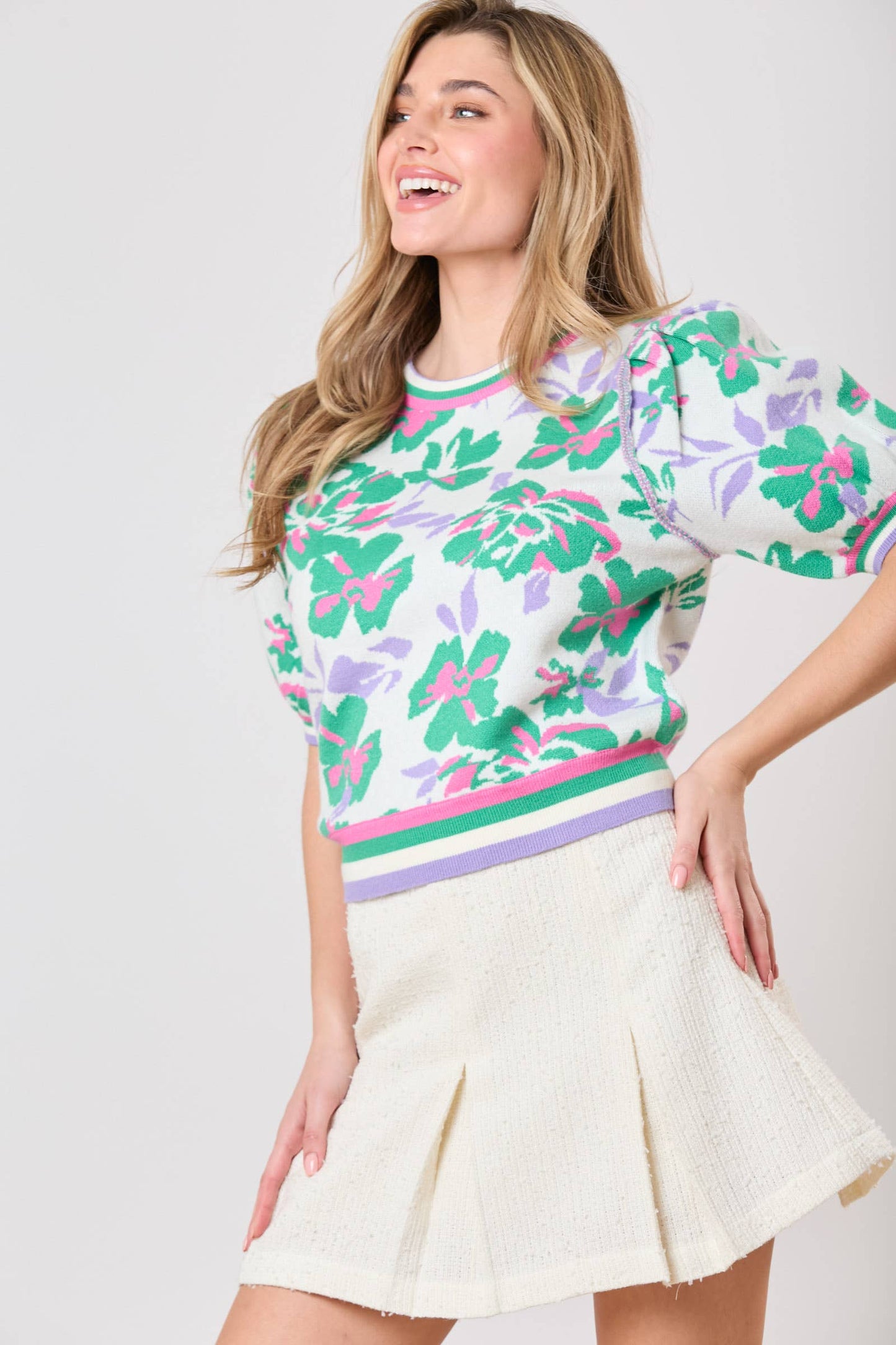 Puff Sleeve Floral Tennis Sweater