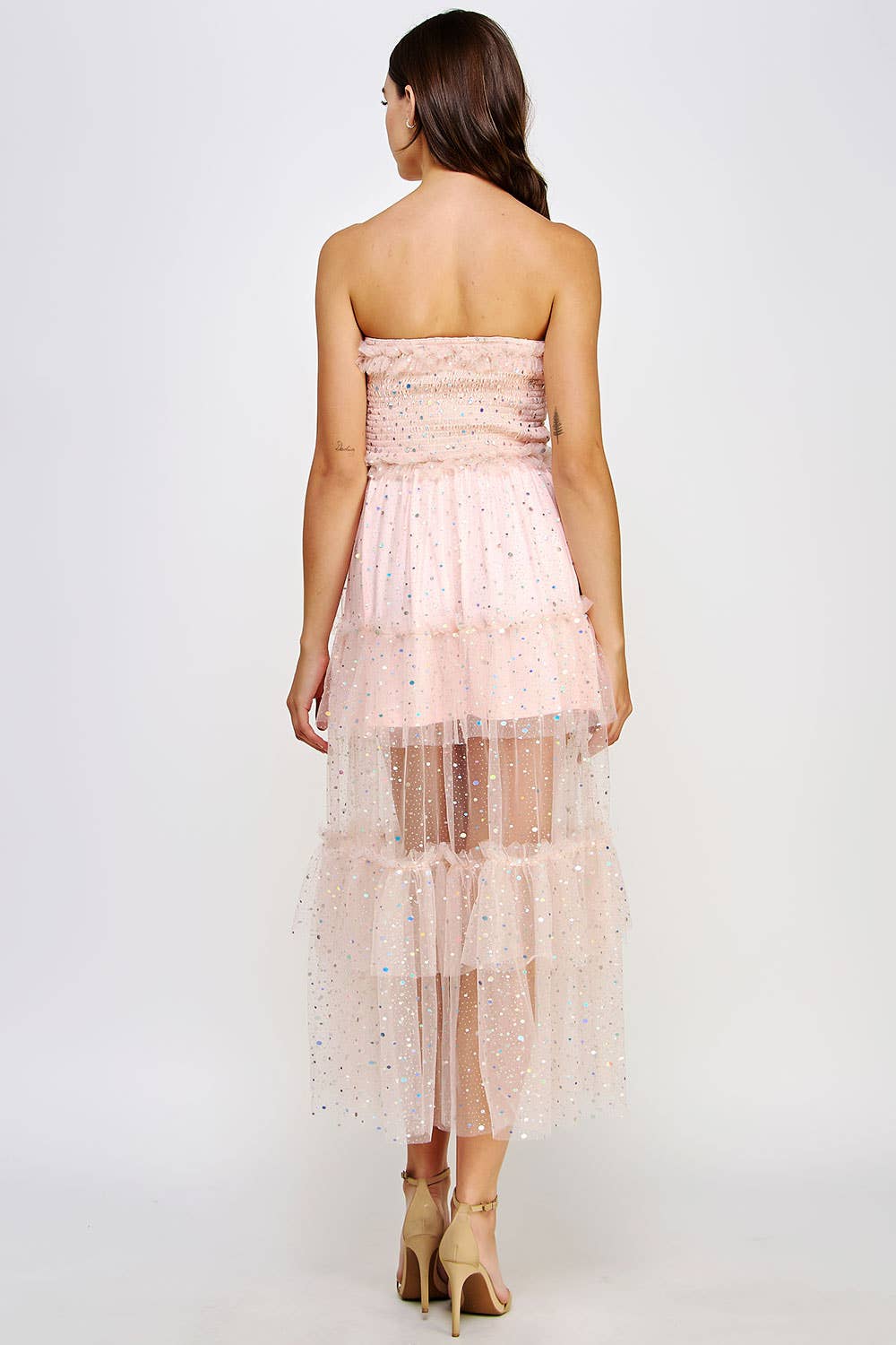 Amoura Tiered Sequin Ruffle Tulle Midi Dress