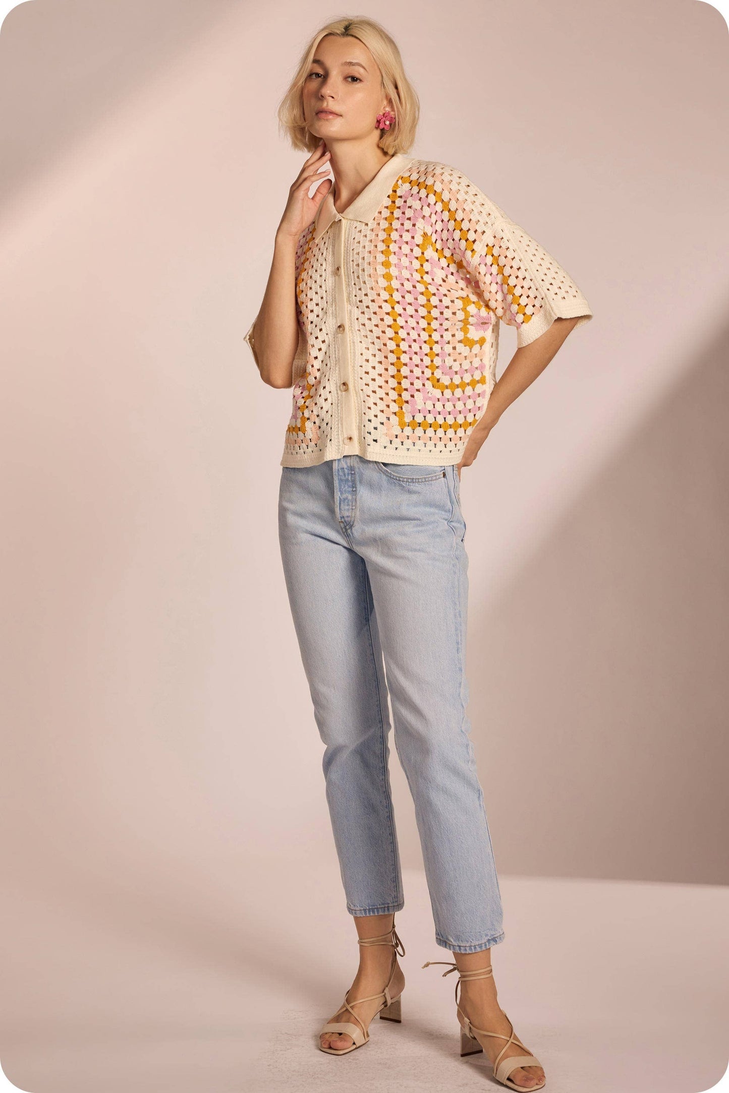 Collared Crochet Button Down Shirt