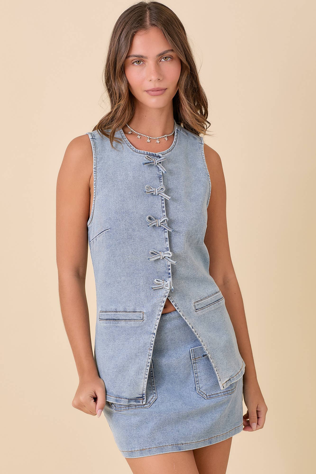 Denim Vest With Snap Button And Ribbon Bow