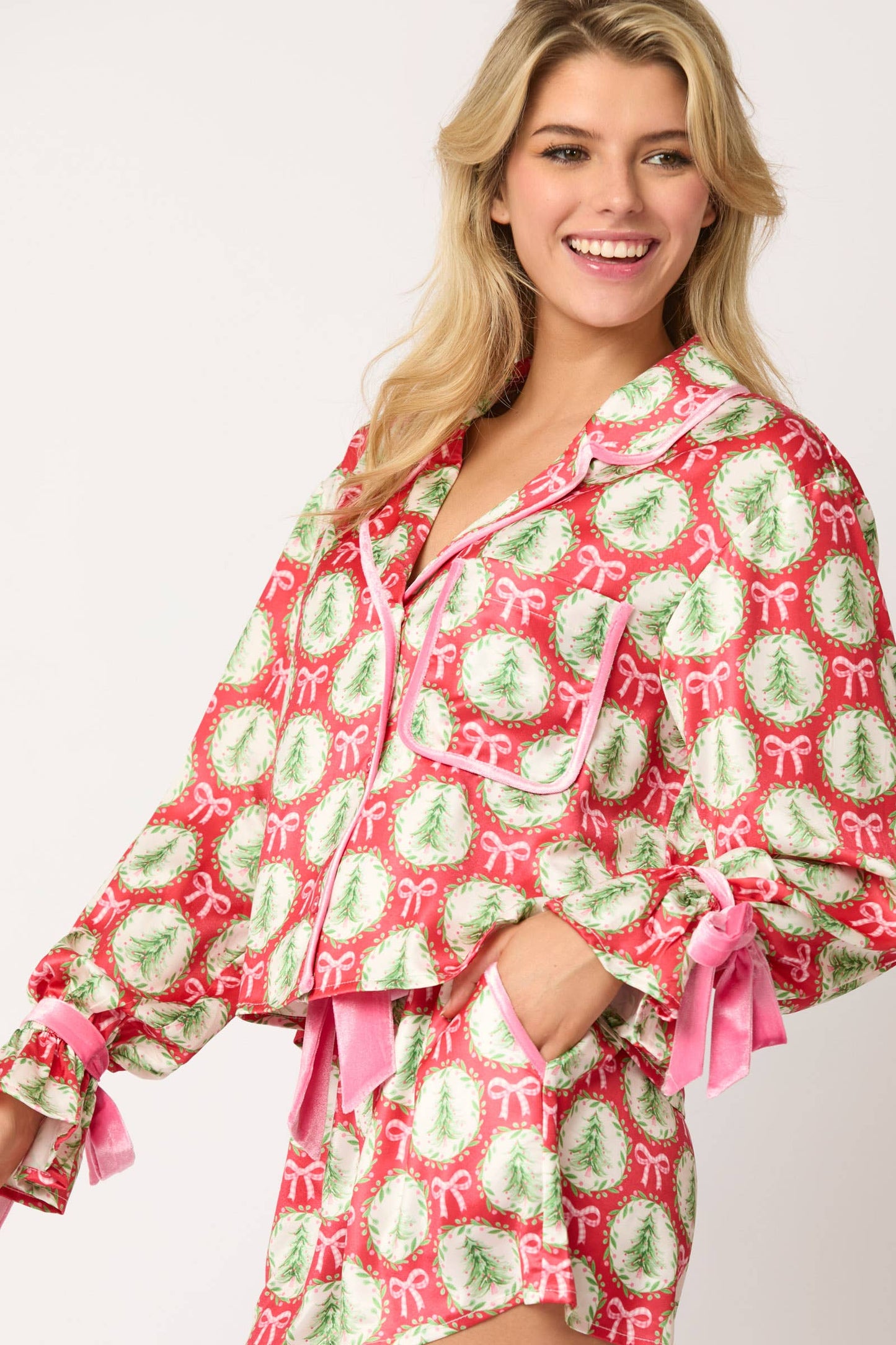 Satin Christmas Tree & Bow Prints Pajama Set