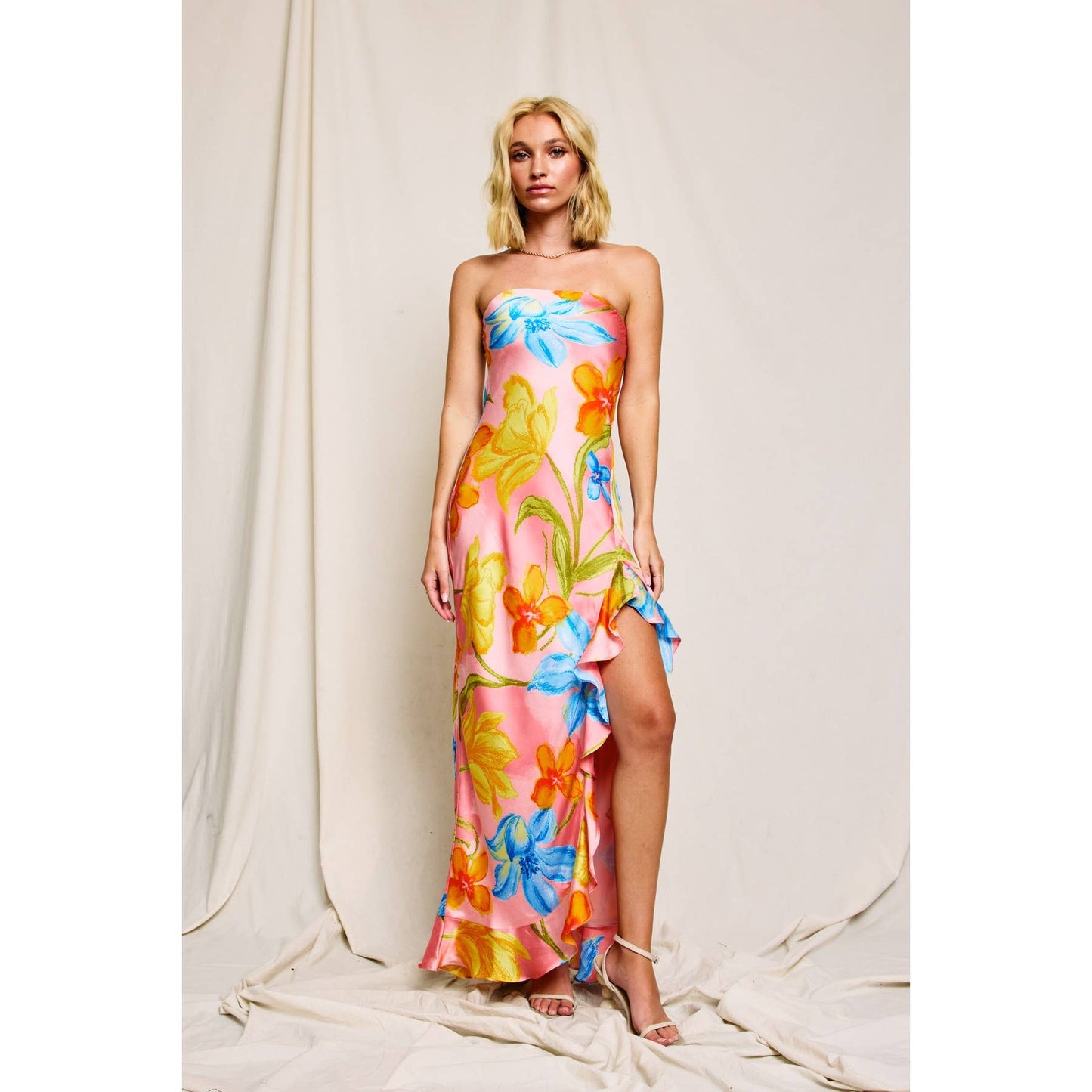 Blushing Blossom Strapless Ruffled Slit Maxi Dress