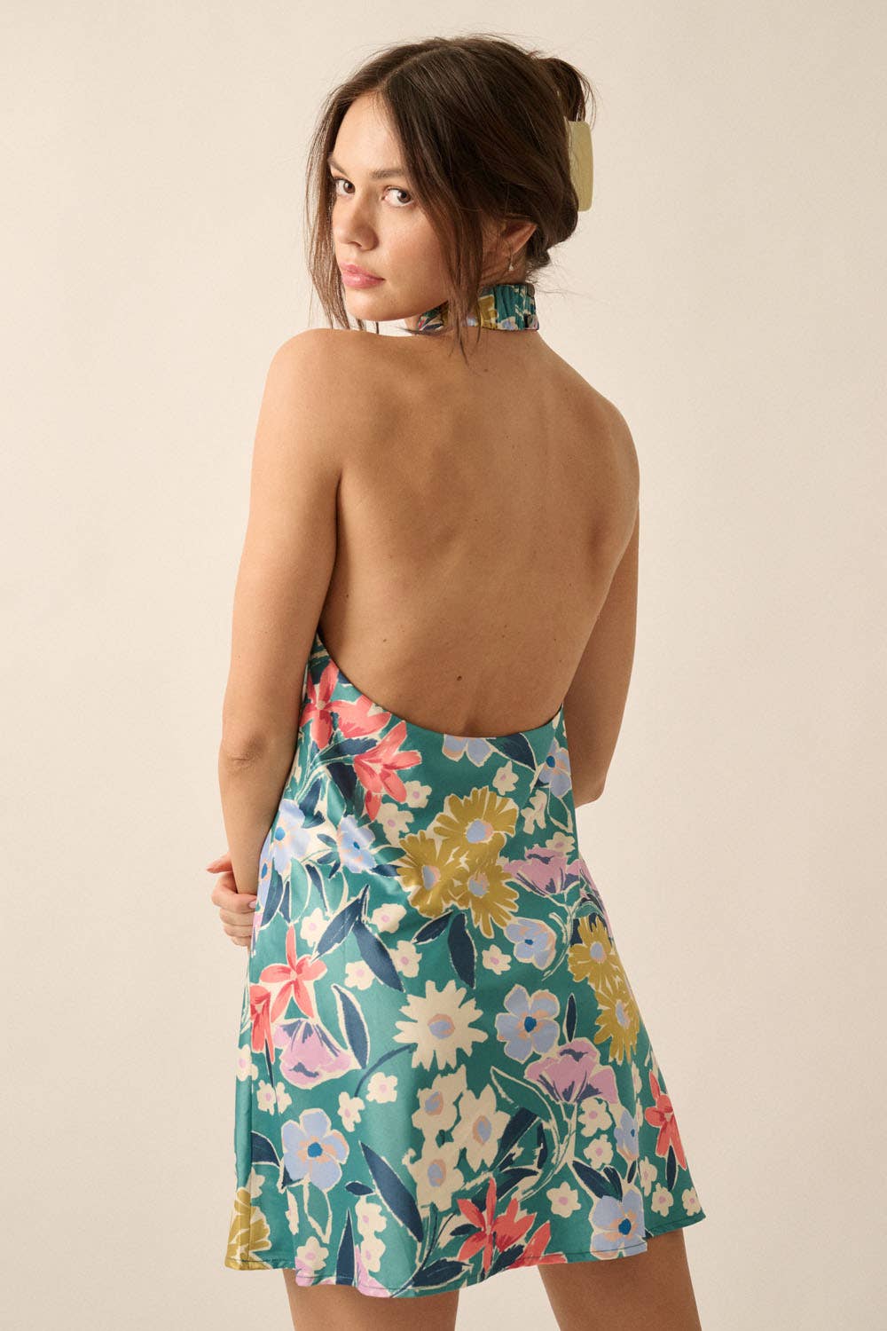 Floral Satin Twist-Front Mini Halter Dress