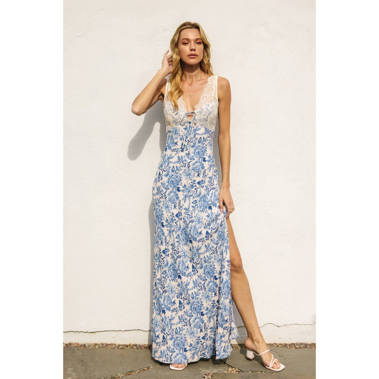 Parisian Blue Empire Lace And Satin Contrast Maxi Dress