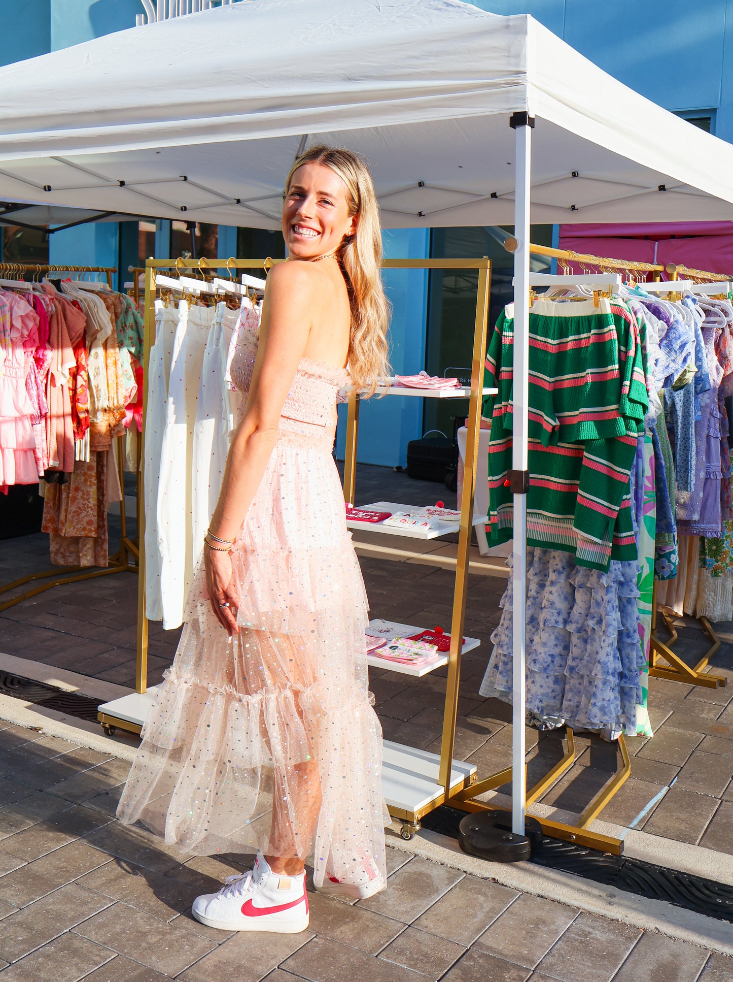 Amoura Tiered Sequin Ruffle Tulle Midi Dress