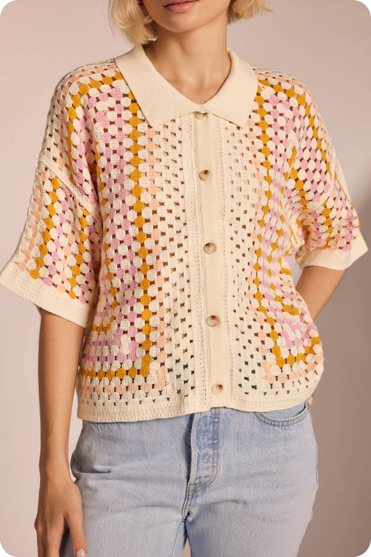 Collared Crochet Button Down Shirt