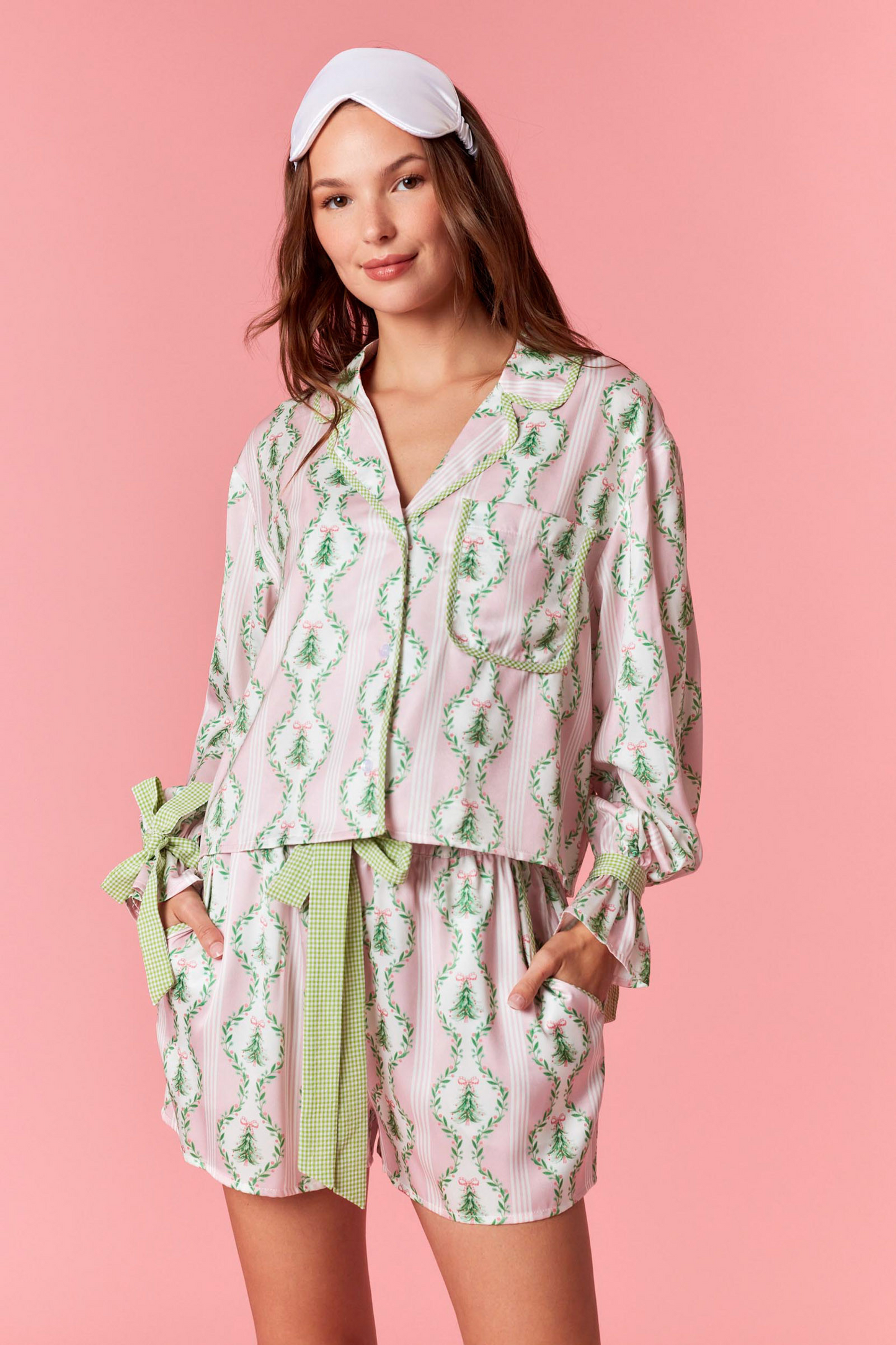 Pink Satin Christmas Tree Gingham Pajama Set