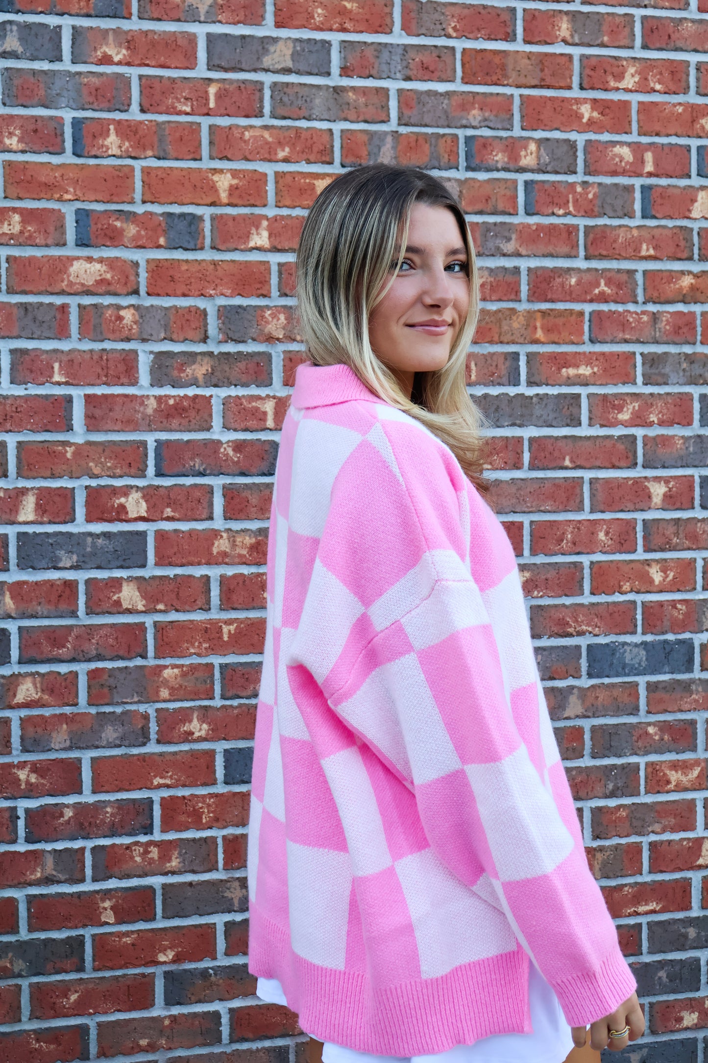 Checkered Pink Collared sweater