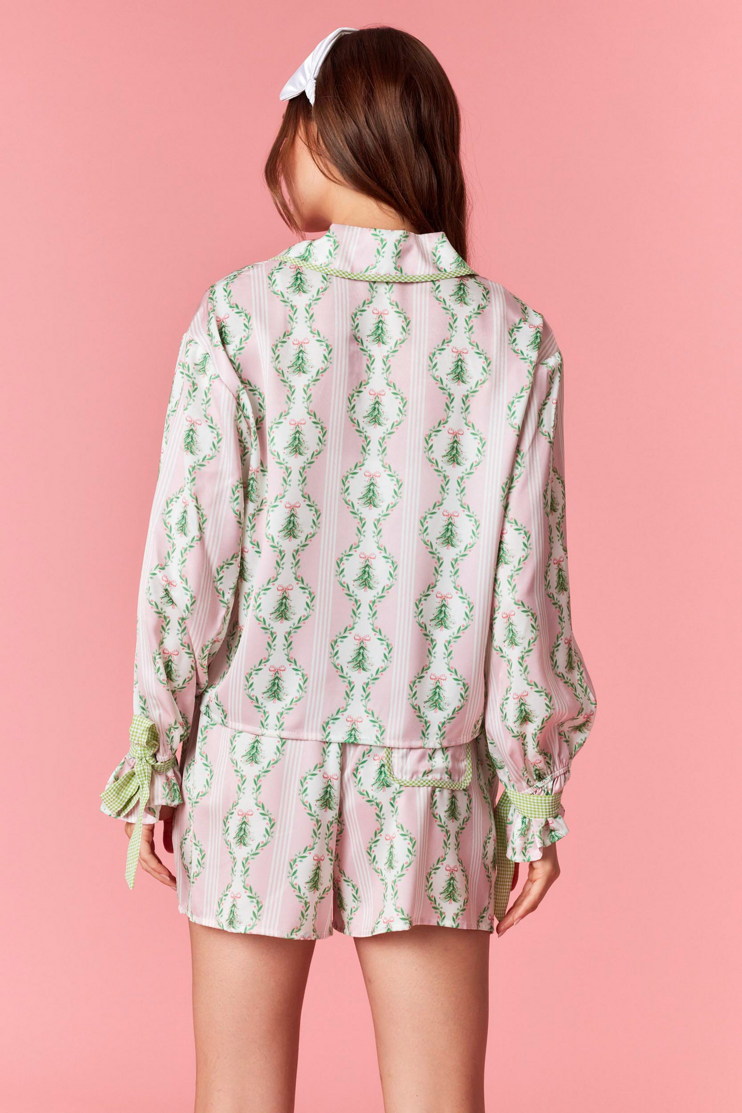 Pink Satin Christmas Tree Gingham Pajama Set
