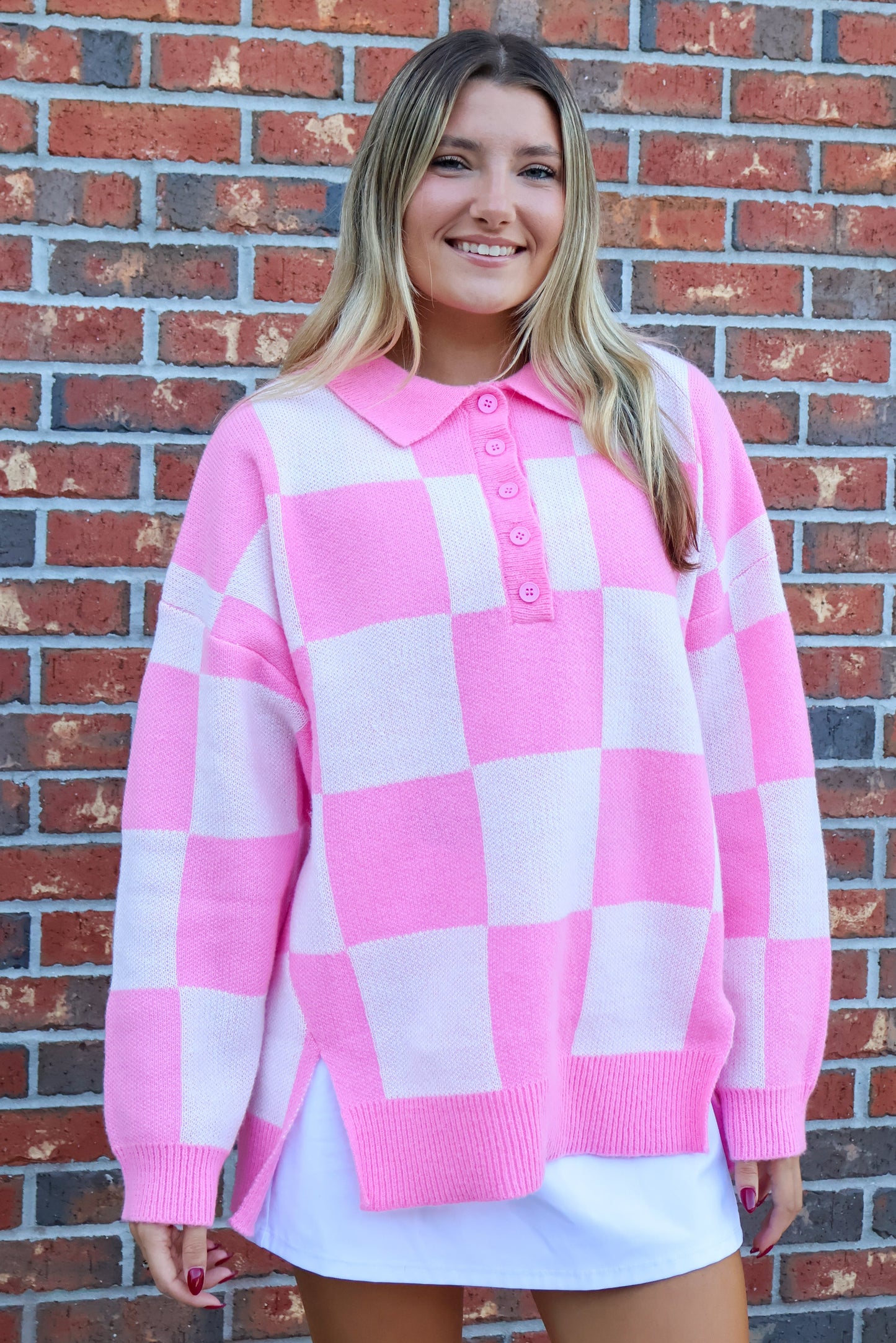 Checkered Pink Collared sweater