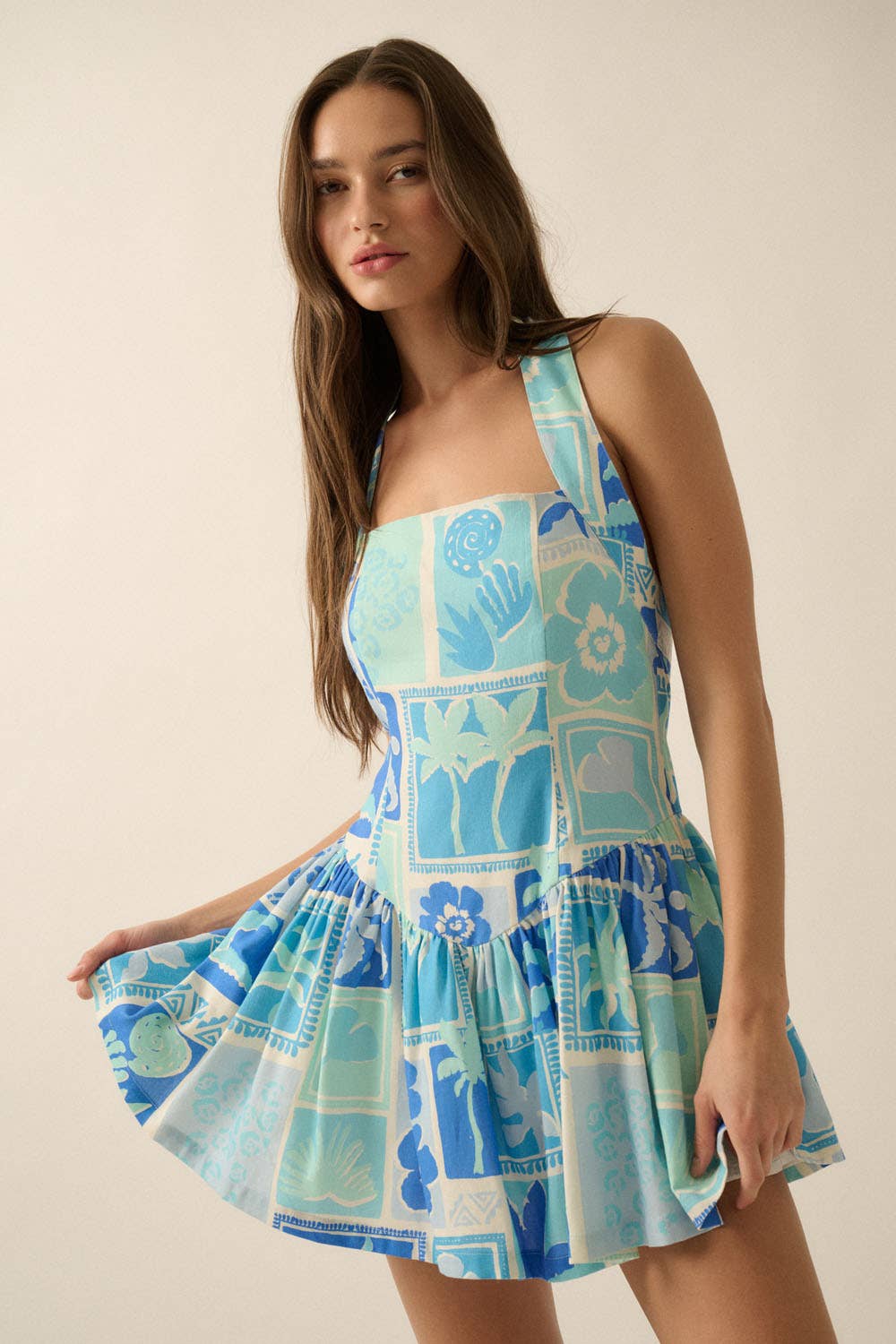 Tropical Floral-Print Halter Drop-Waist Mini Dress Walsh Style Haus Tropical Floral-Print Halter Drop-Waist Mini Dress Walsh Style Haus