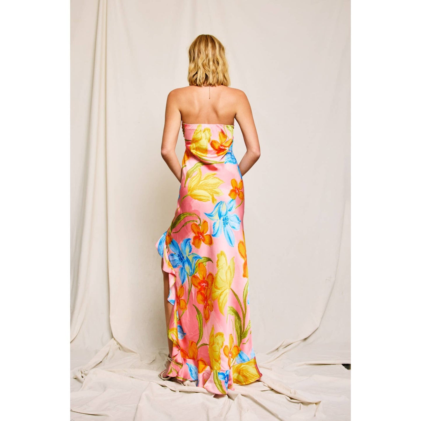 Blushing Blossom Strapless Ruffled Slit Maxi Dress