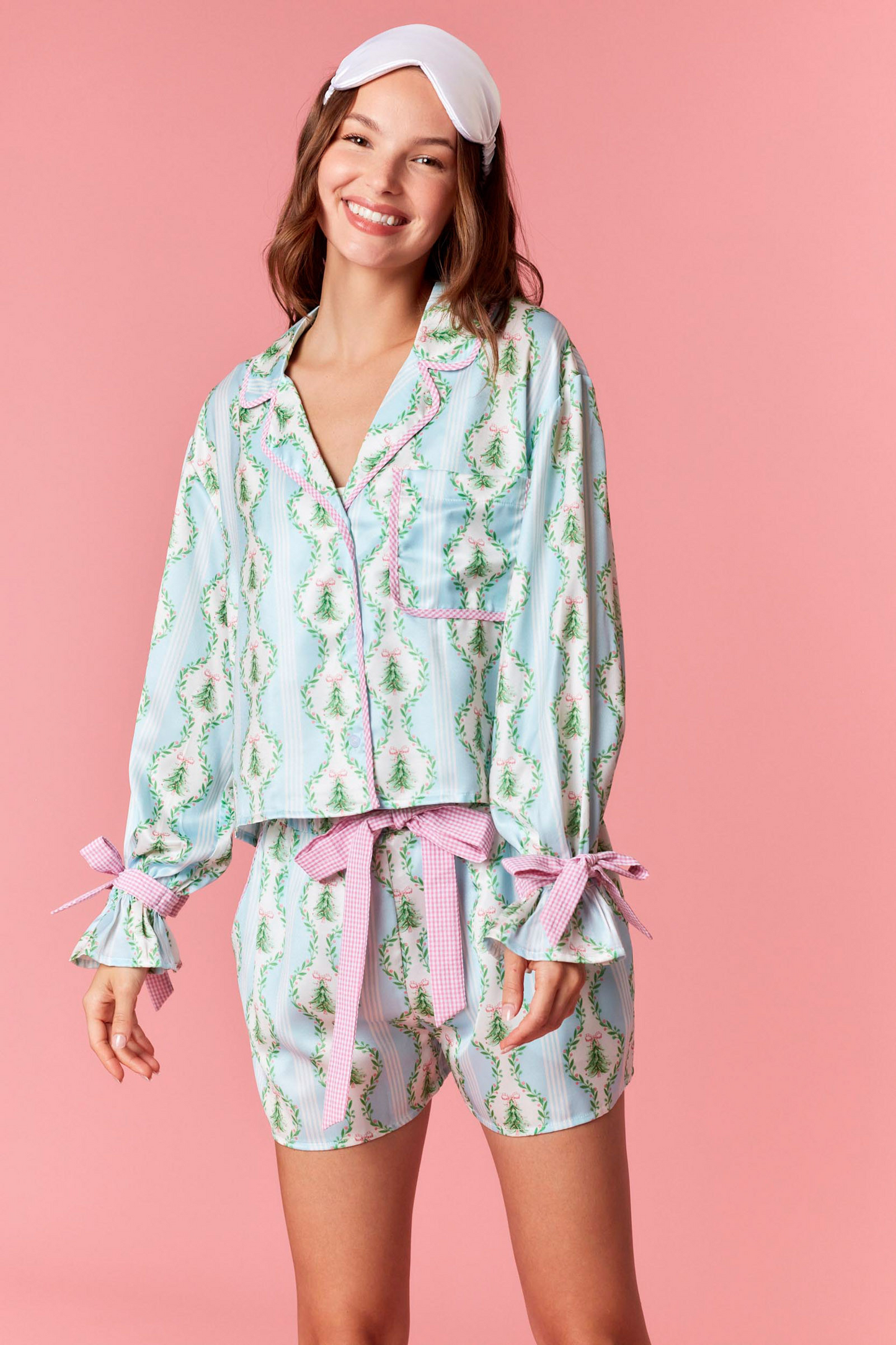 Blue Satin Christmas Tree Gingham Pajama Set