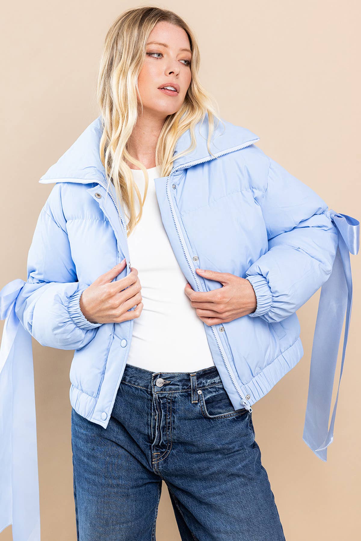 Sky Blue Puffer Jacket With Bow Sleeve