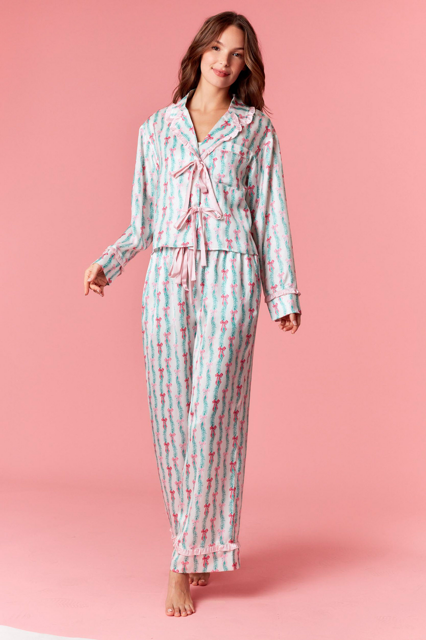 Bow Christmas Print Ruffle Satin PJ Set
