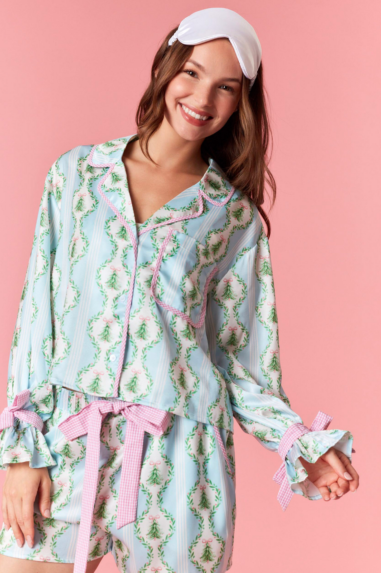 Blue Satin Christmas Tree Gingham Pajama Set