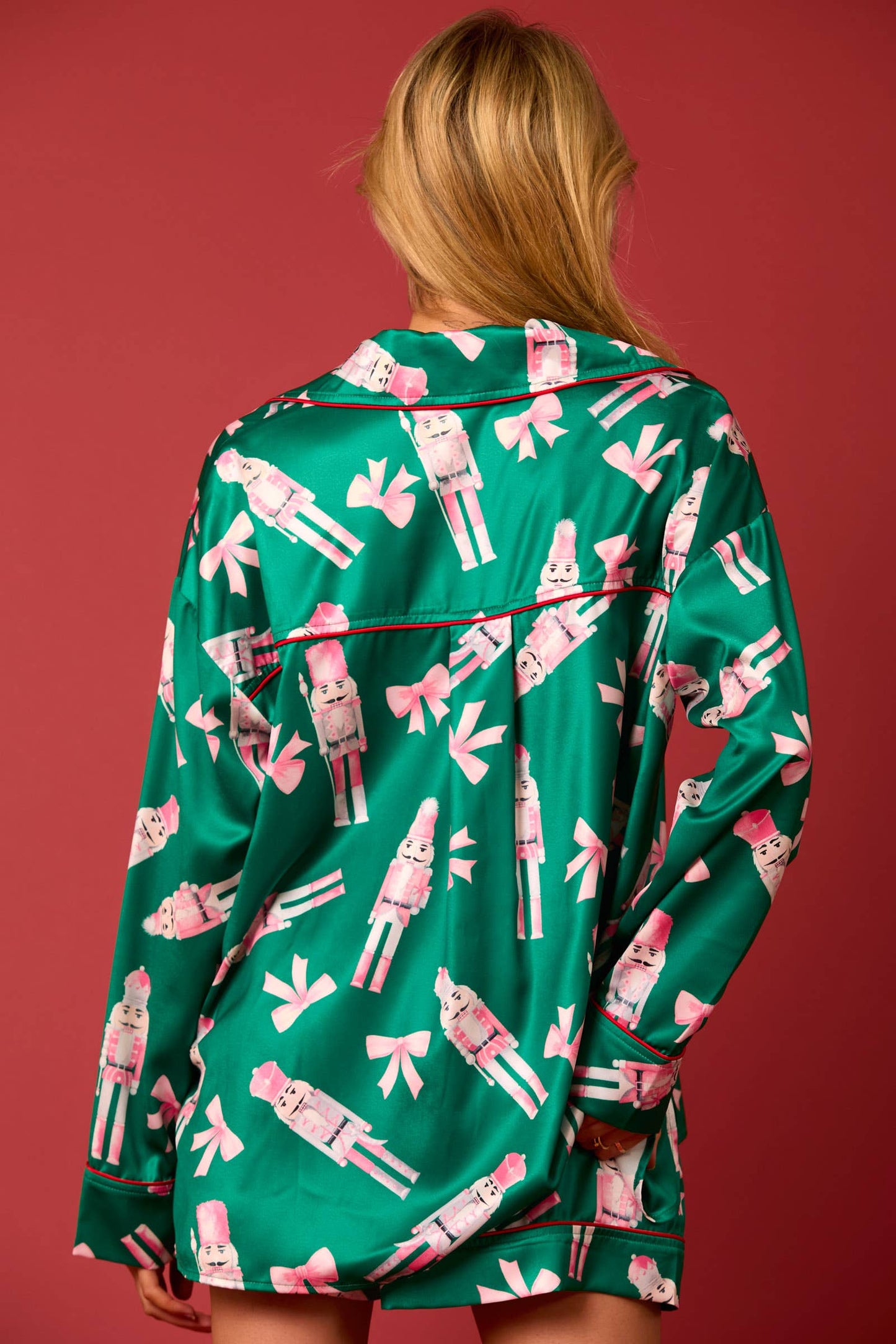Green Satin Nutcrackers & Bow Prints Pajama Set