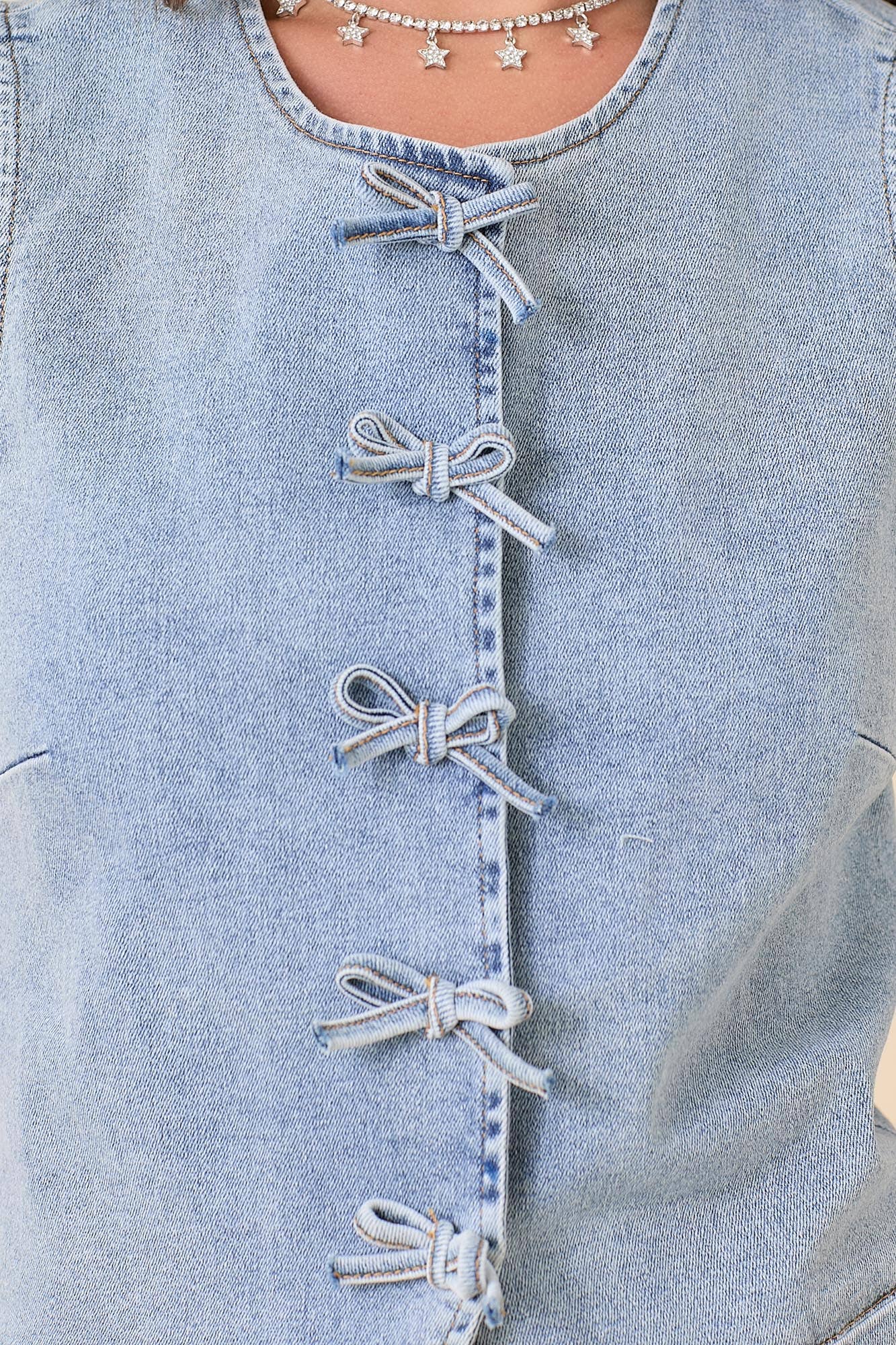 Denim Vest With Snap Button And Ribbon Bow