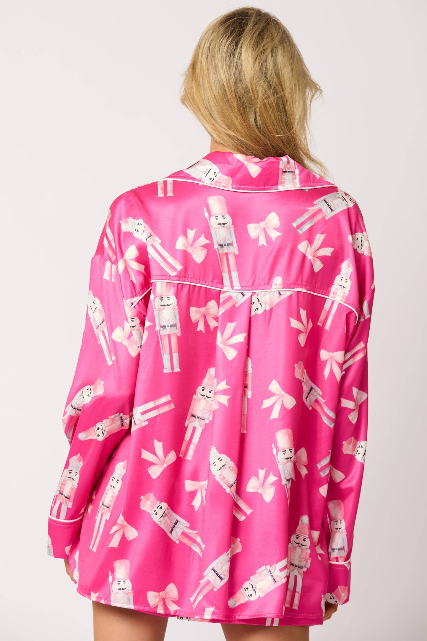 Pink Satin Nutcracker & Bow Print Pajama Set