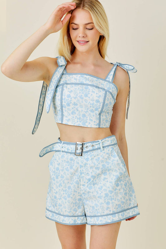Floral Shoulder Tie Crop Top