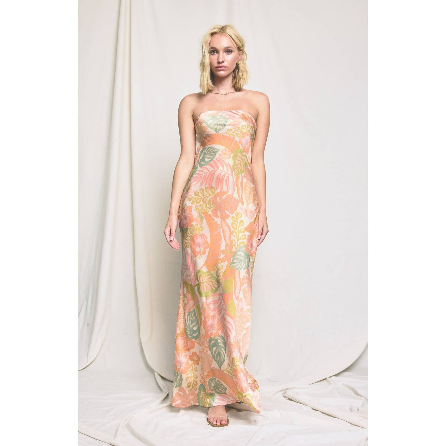 Just Peachy Strapless Clasp Back Maxi Dress