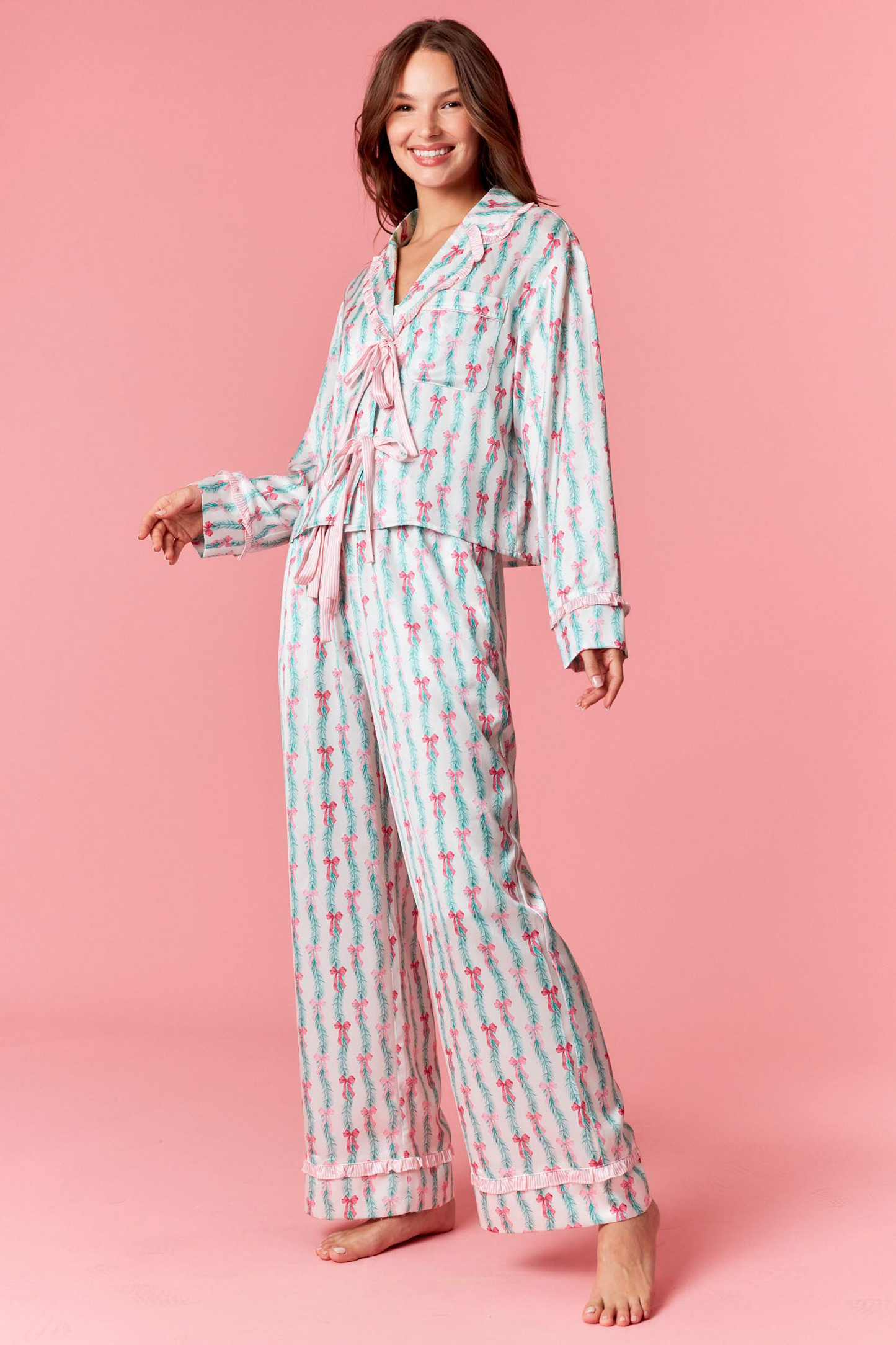 Bow Christmas Print Ruffle Satin PJ Set