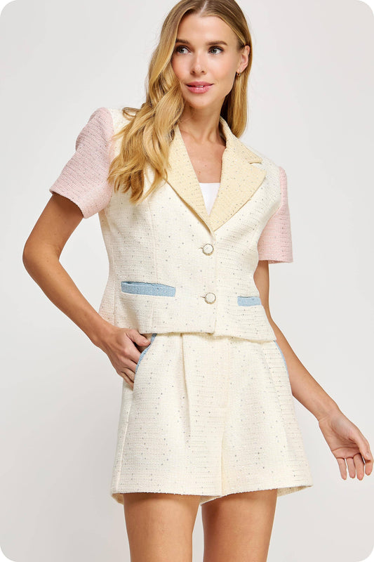 Color Block Sequins Tweed Short Sleeve Cropped Jacket