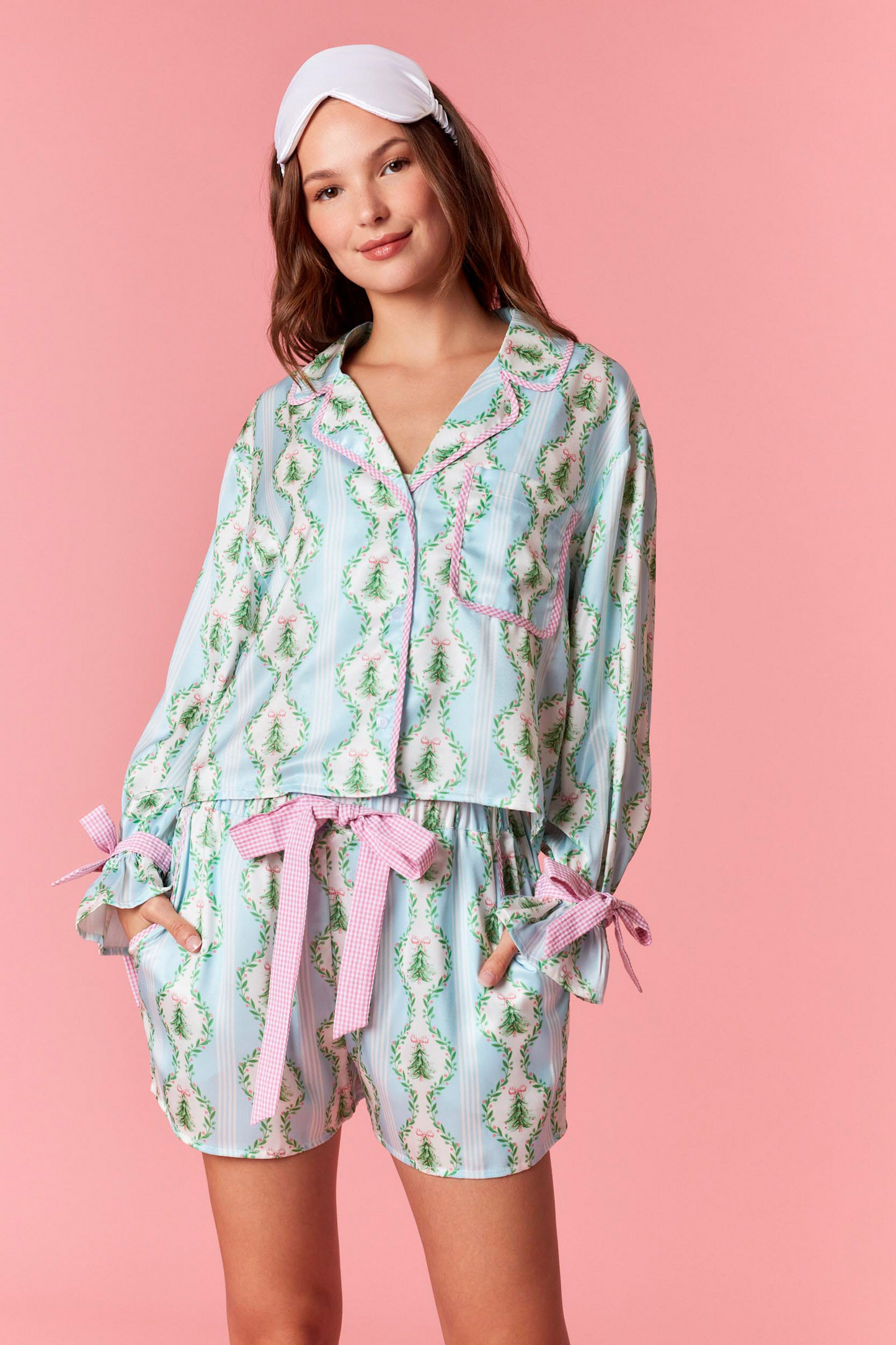 Blue Satin Christmas Tree Gingham Pajama Set