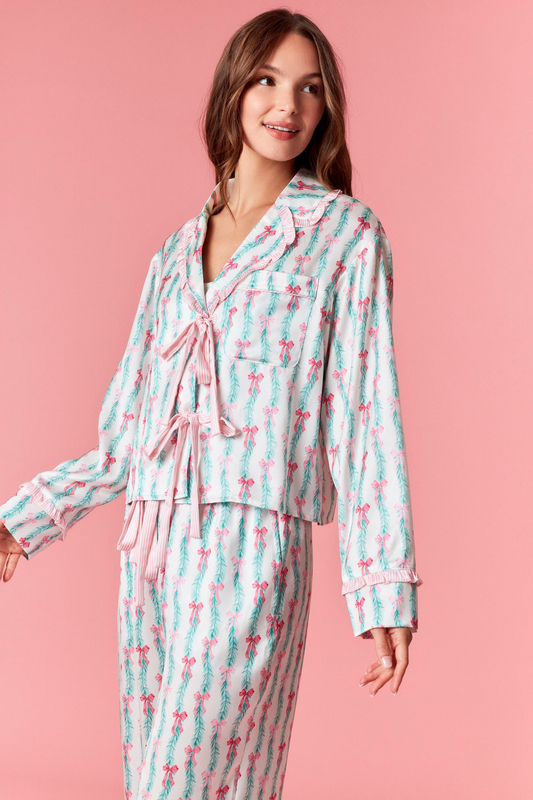 Bow Christmas Print Ruffle Satin PJ Set