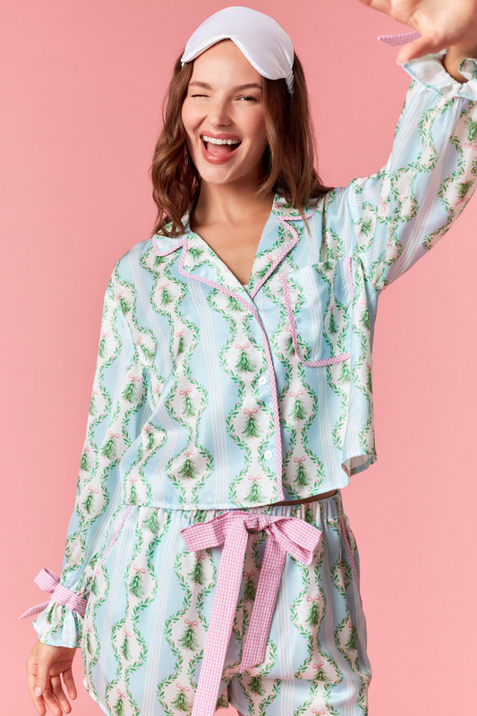 Blue Satin Christmas Tree Gingham Pajama Set
