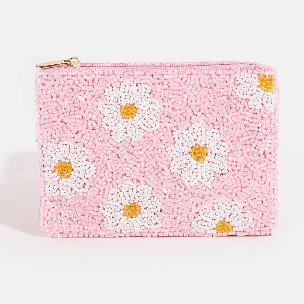 Daisy Flowers Pink Seed Beaded Coin Purse