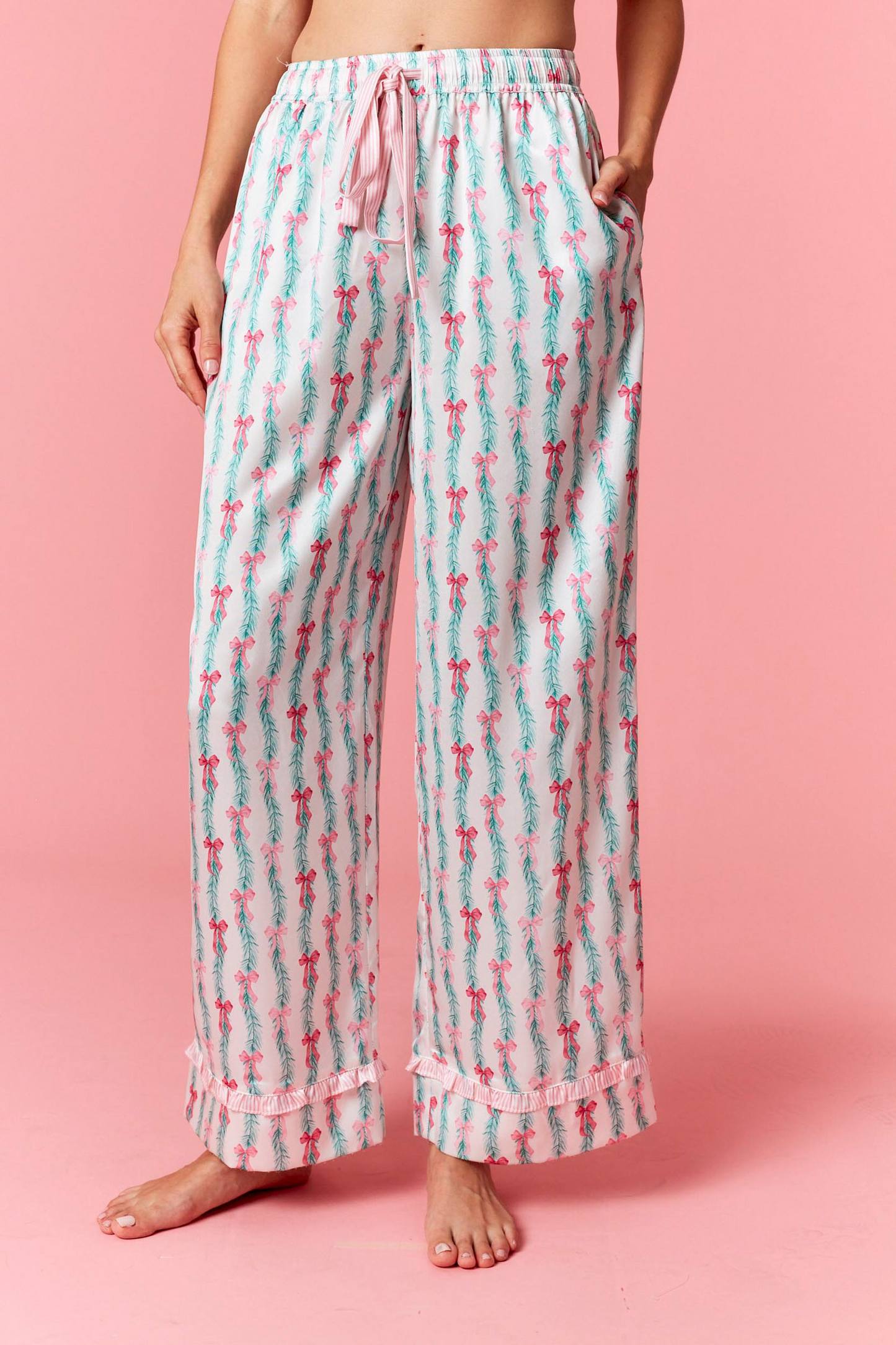 Bow Christmas Print Ruffle Satin PJ Set