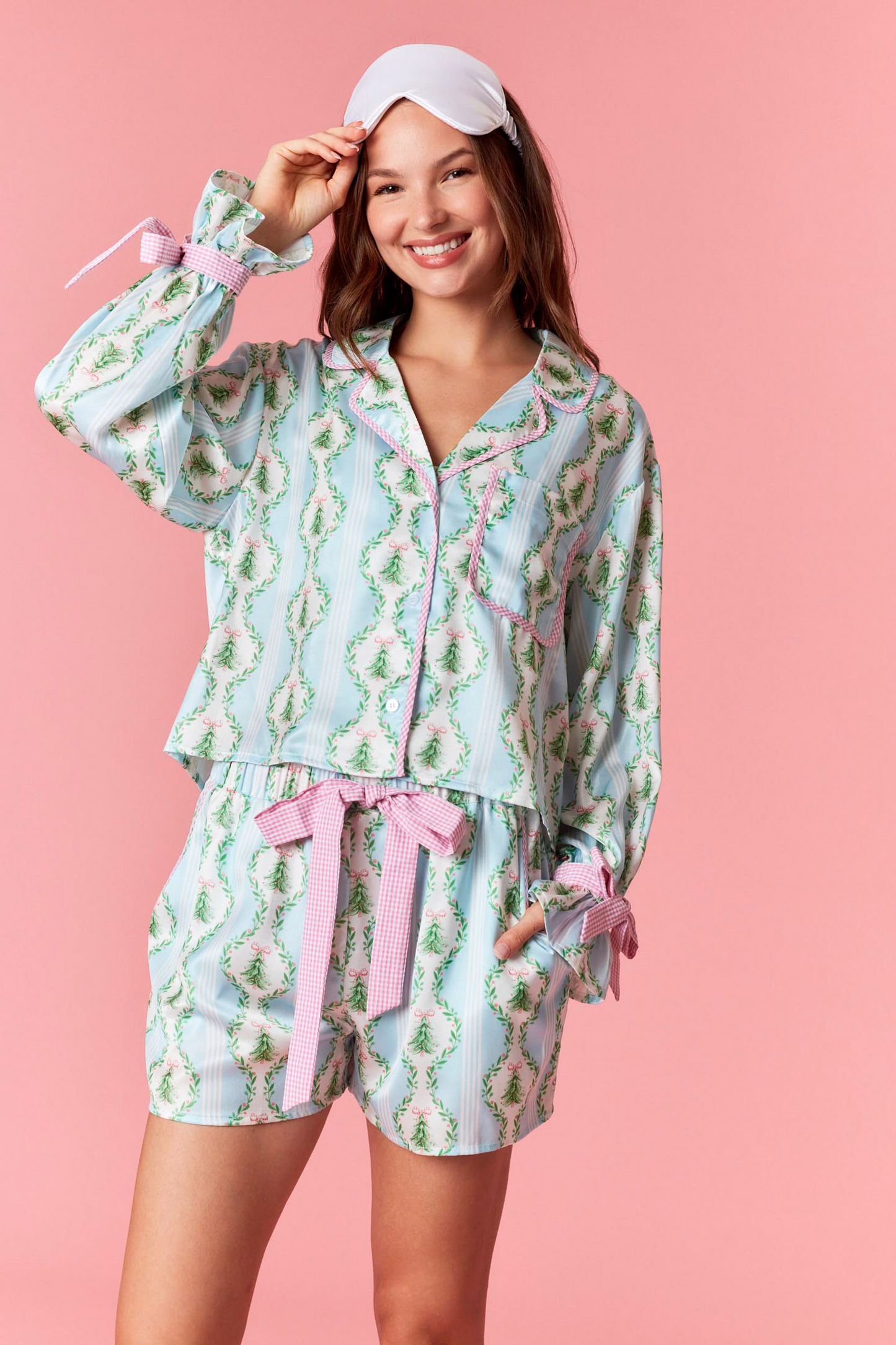 Blue Satin Christmas Tree Gingham Pajama Set