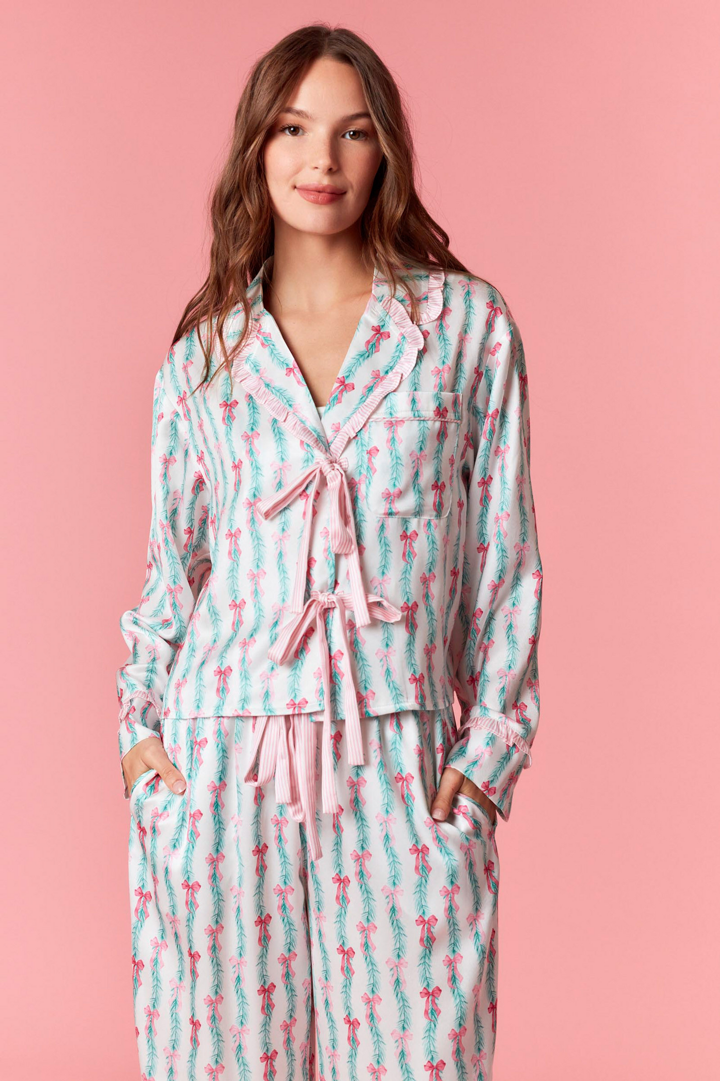 Bow Christmas Print Ruffle Satin PJ Set