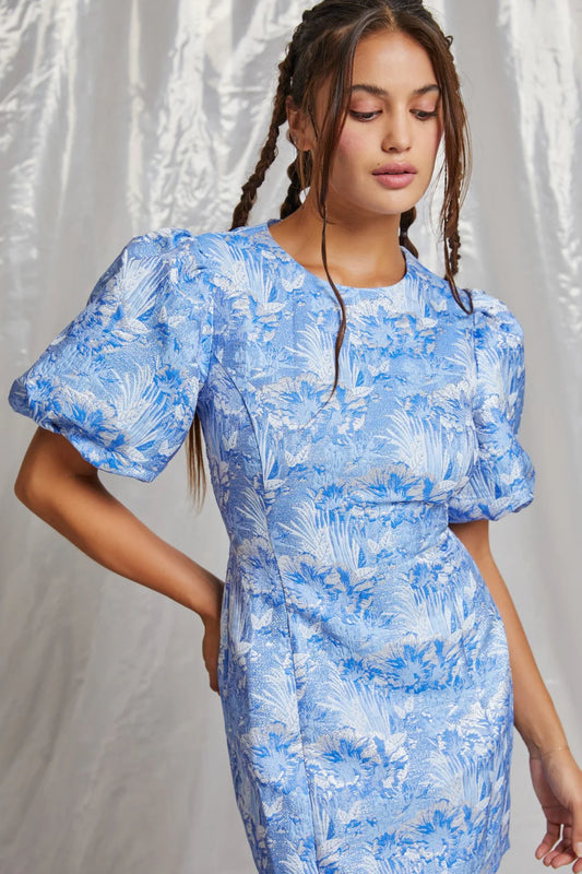 Blue Jacquard Puff Sleeve Mini Dress