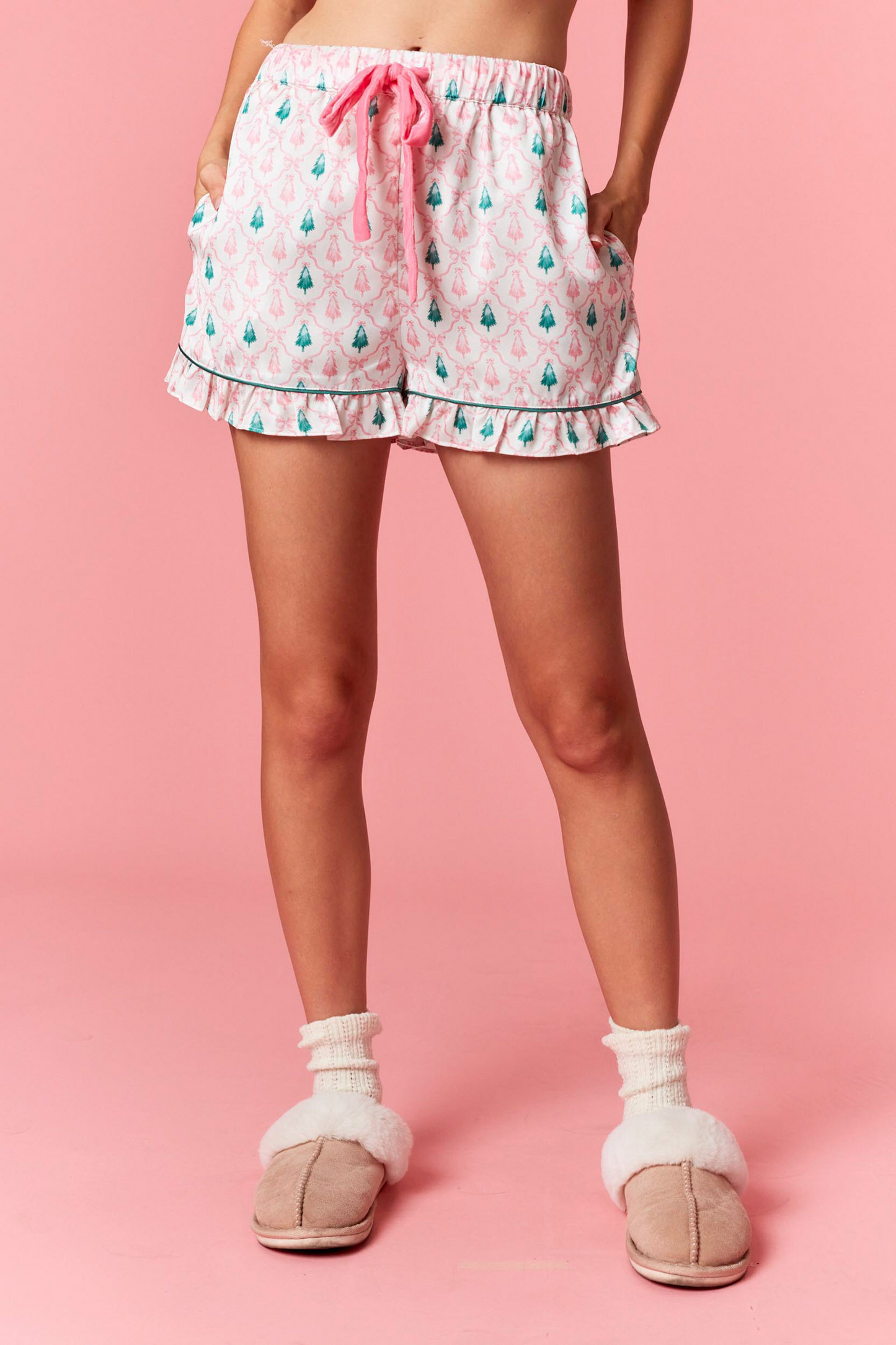 Christmas Tree Satin Pajama Set with Velvet Bows
