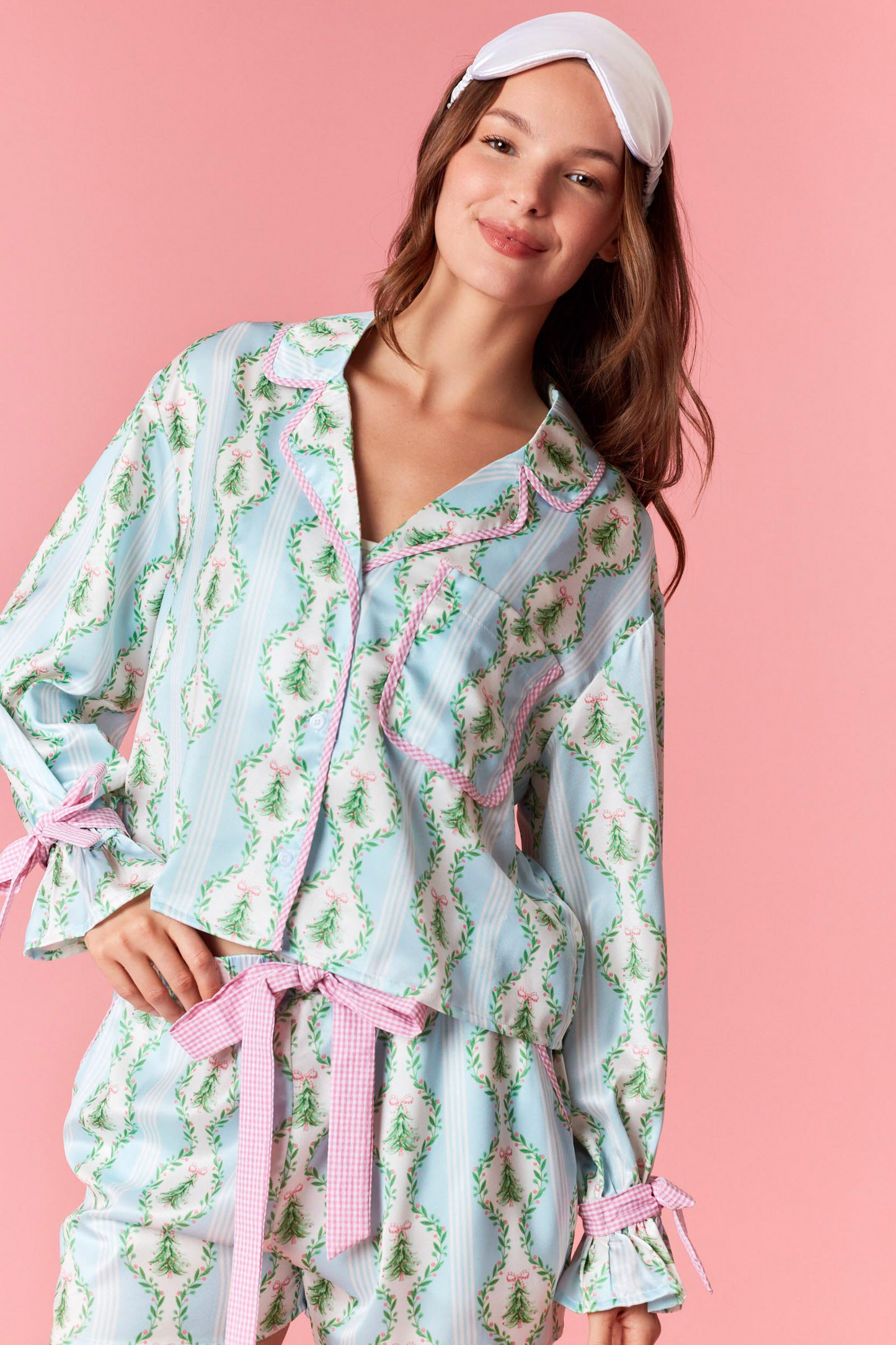 Blue Satin Christmas Tree Gingham Pajama Set