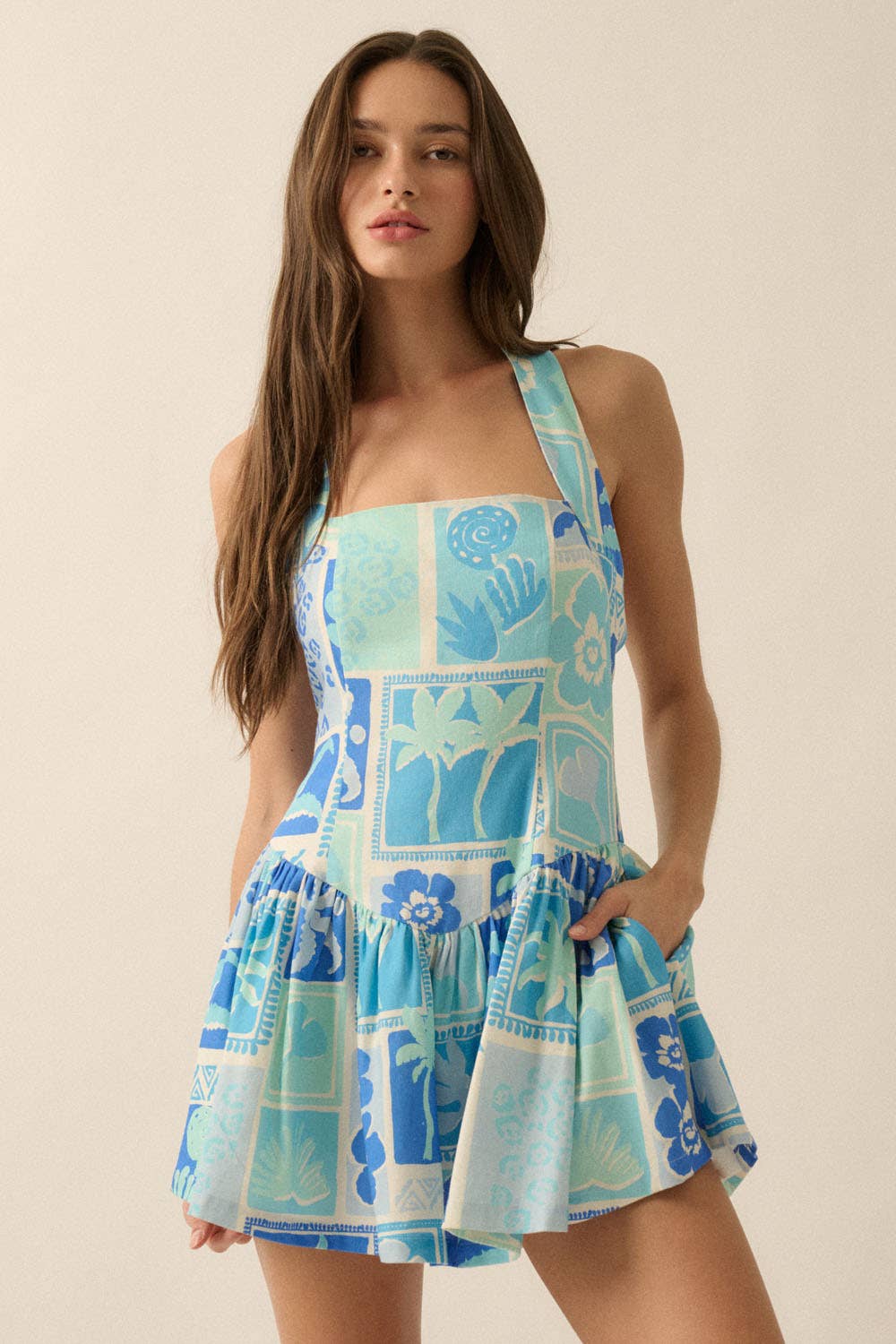 Tropical Floral-Print Halter Drop-Waist Mini Dress