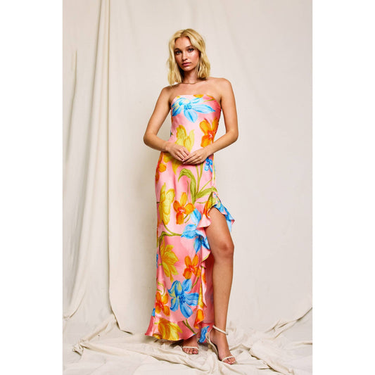 Blushing Blossom Strapless Ruffled Slit Maxi Dress