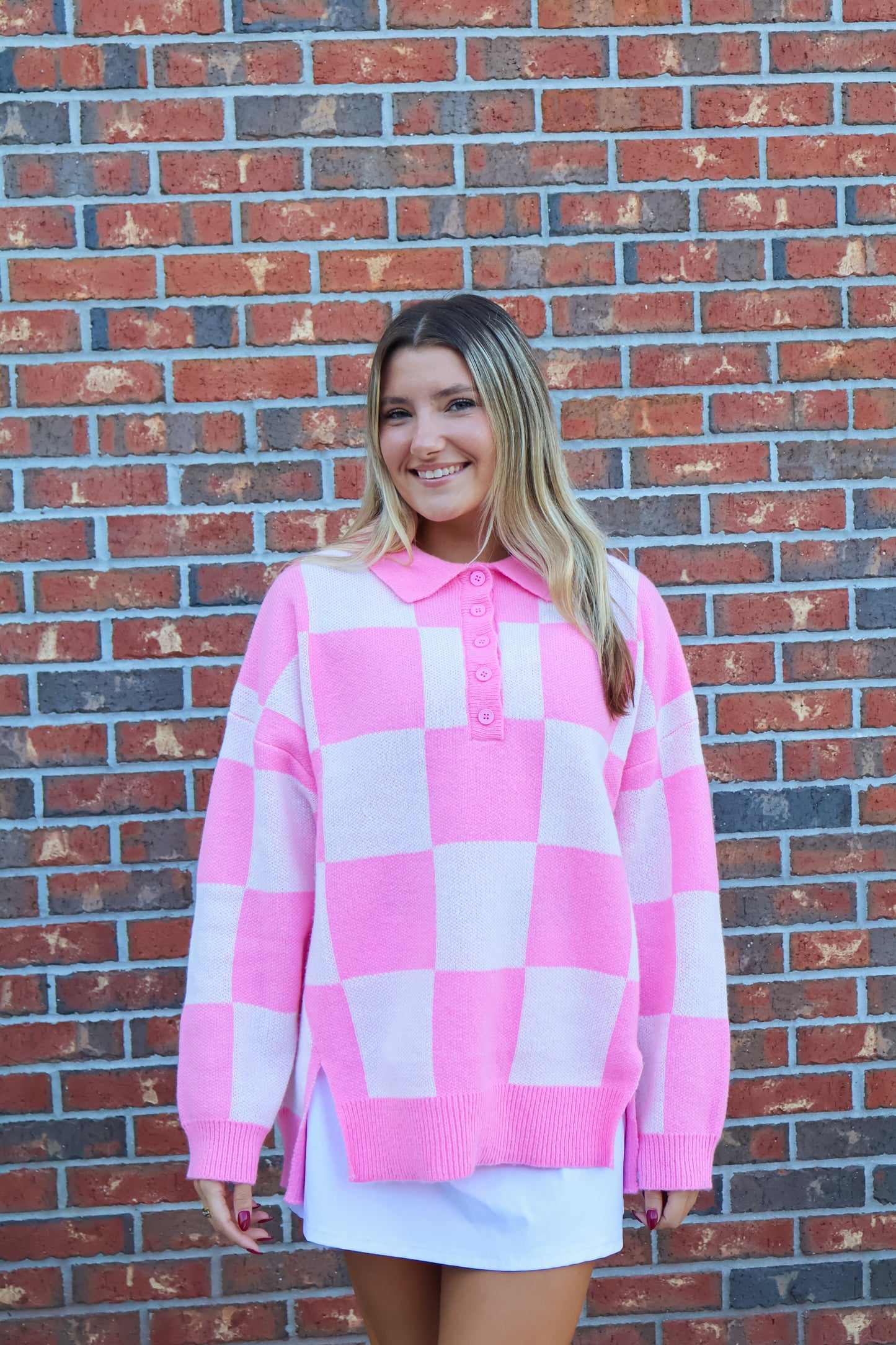 Checkered Pink Collared sweater