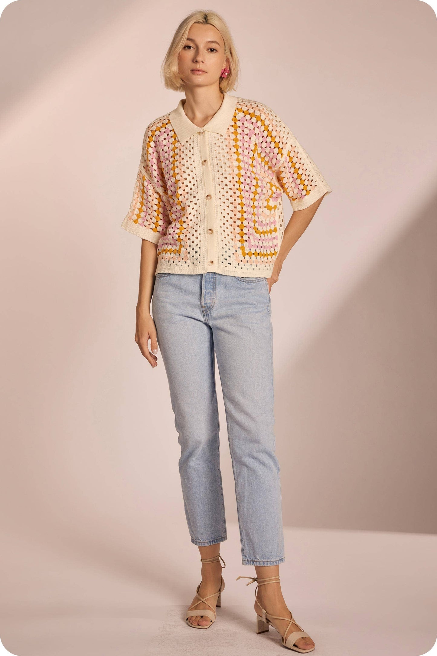 Collared Crochet Button Down Shirt