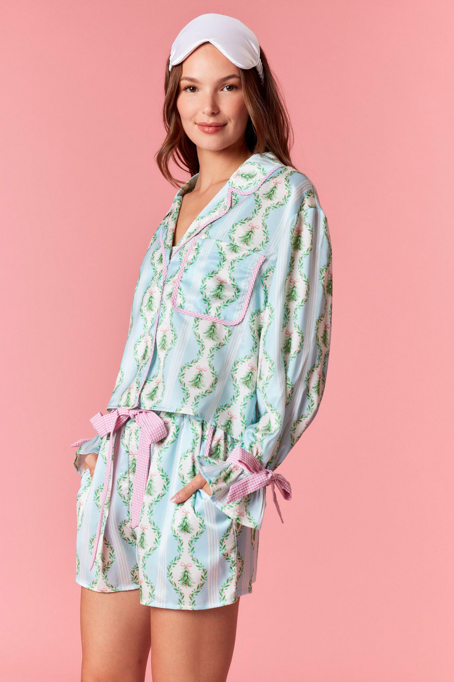 Blue Satin Christmas Tree Gingham Pajama Set