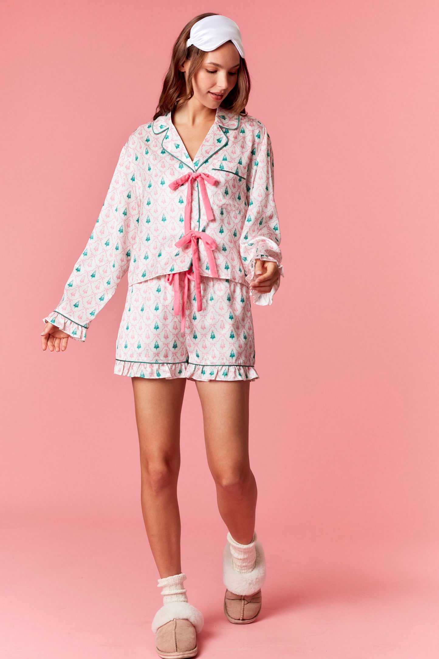 Christmas Tree Satin Pajama Set with Velvet Bows